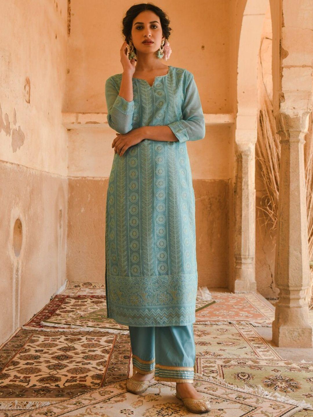 karaj jaipur women blue floral embroidered kurta with trousers & with dupatta
