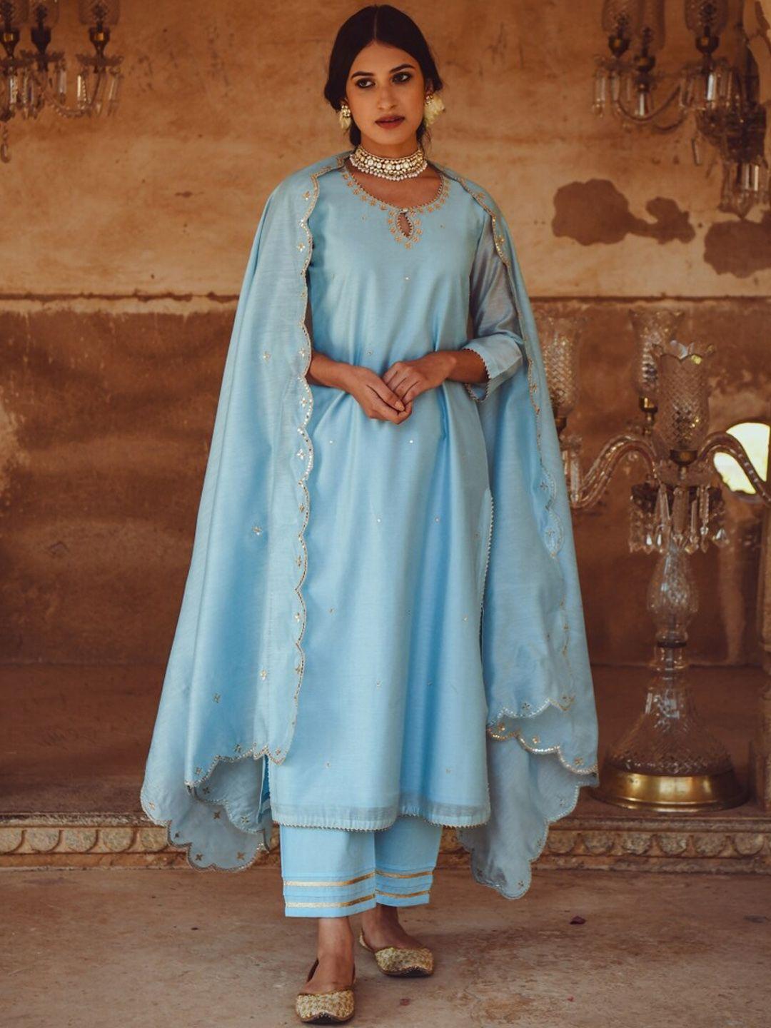 karaj jaipur women blue kurta with palazzos & dupatta