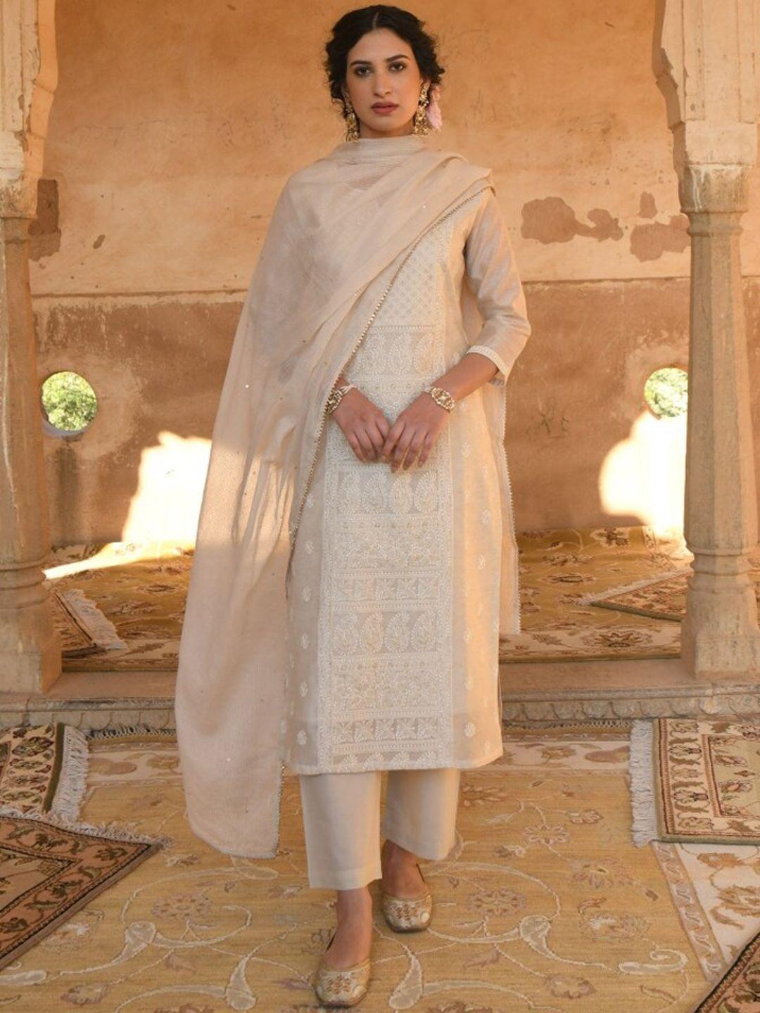 karaj jaipur women cream-coloured embroidered  kurta with trousers & with dupatta