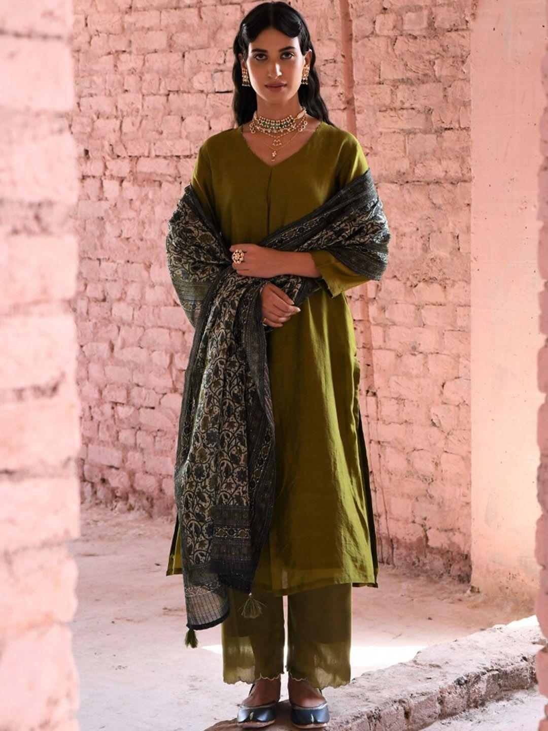 karaj jaipur women embroidered pleated chanderi silk kurta with palazzos & with dupatta