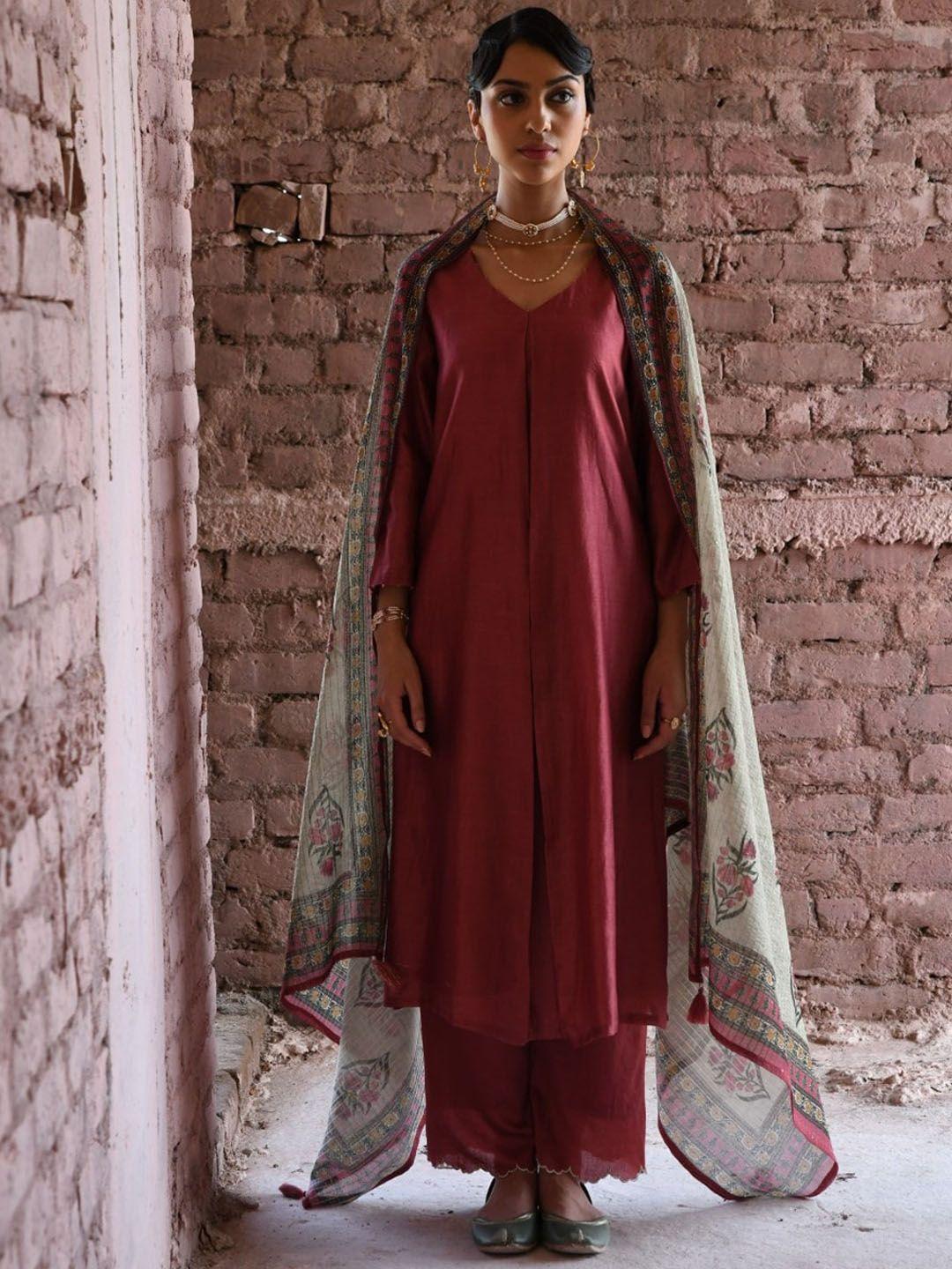 karaj jaipur women embroidered regular chanderi silk kurta with palazzos & with dupatta