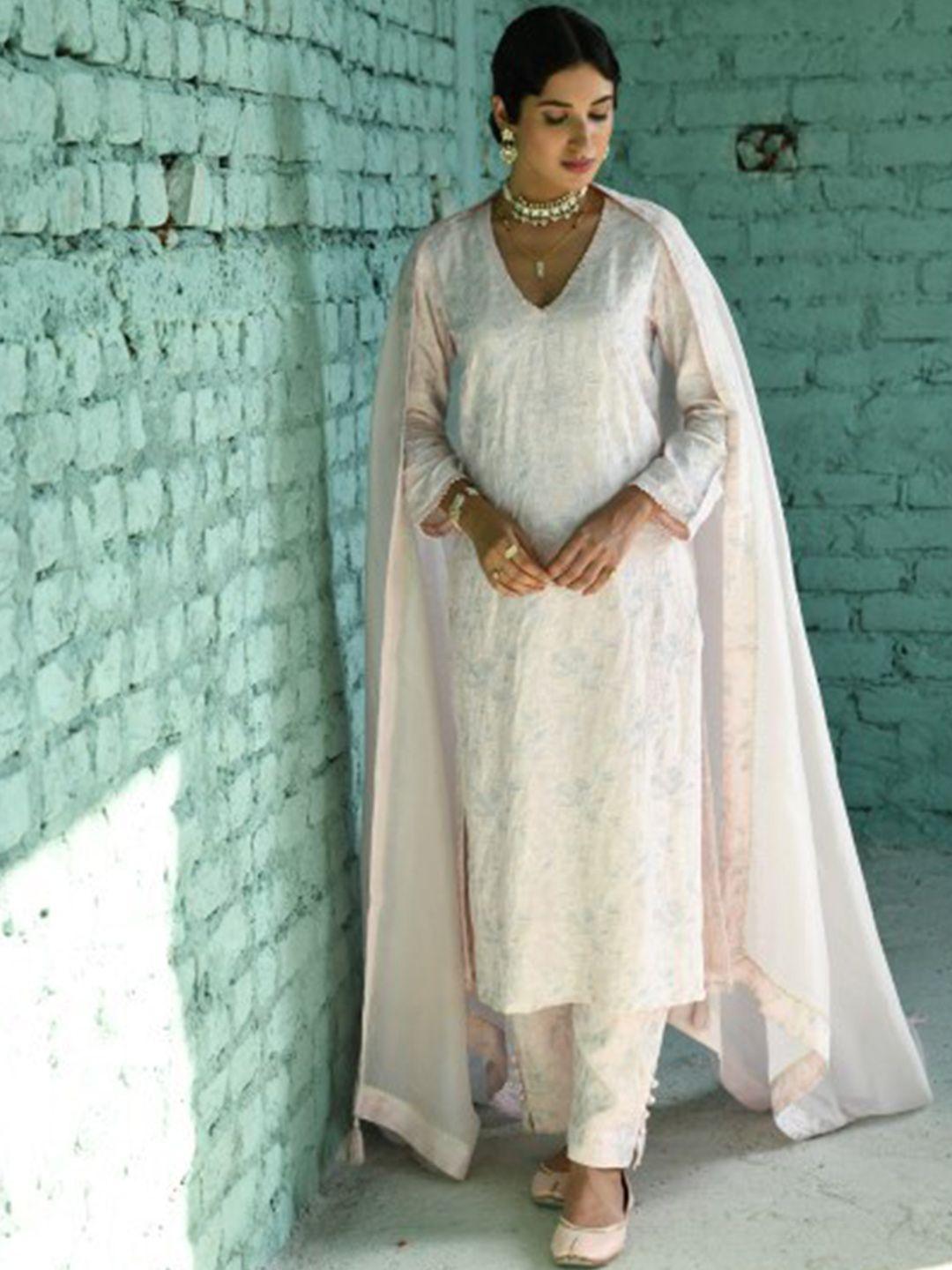 karaj jaipur women ethnic motifs embroidered regular thread work linen kurta with trousers & with dupatta