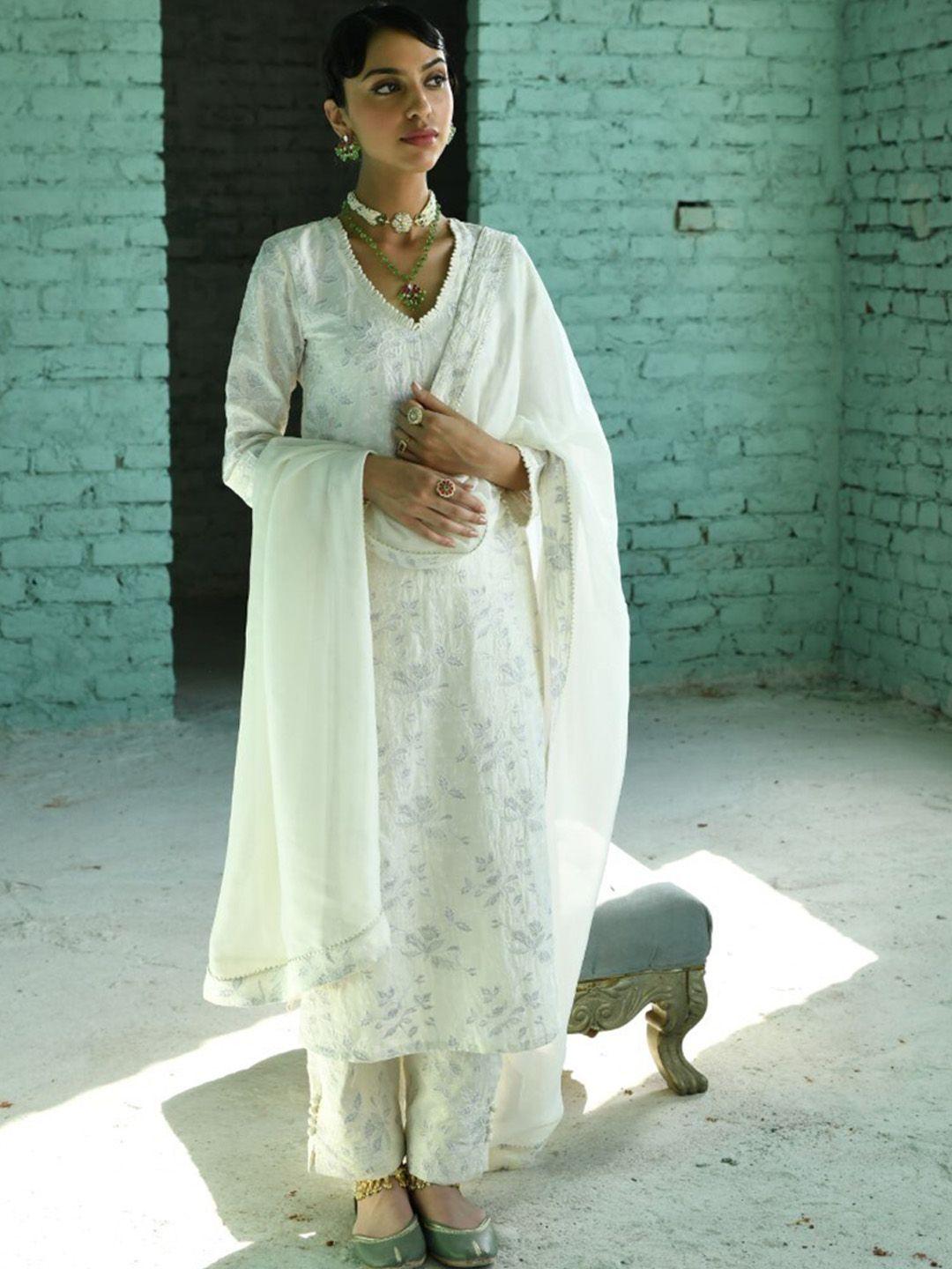 karaj jaipur women ethnic motifs embroidered regular thread work linen kurta with trousers & with dupatta