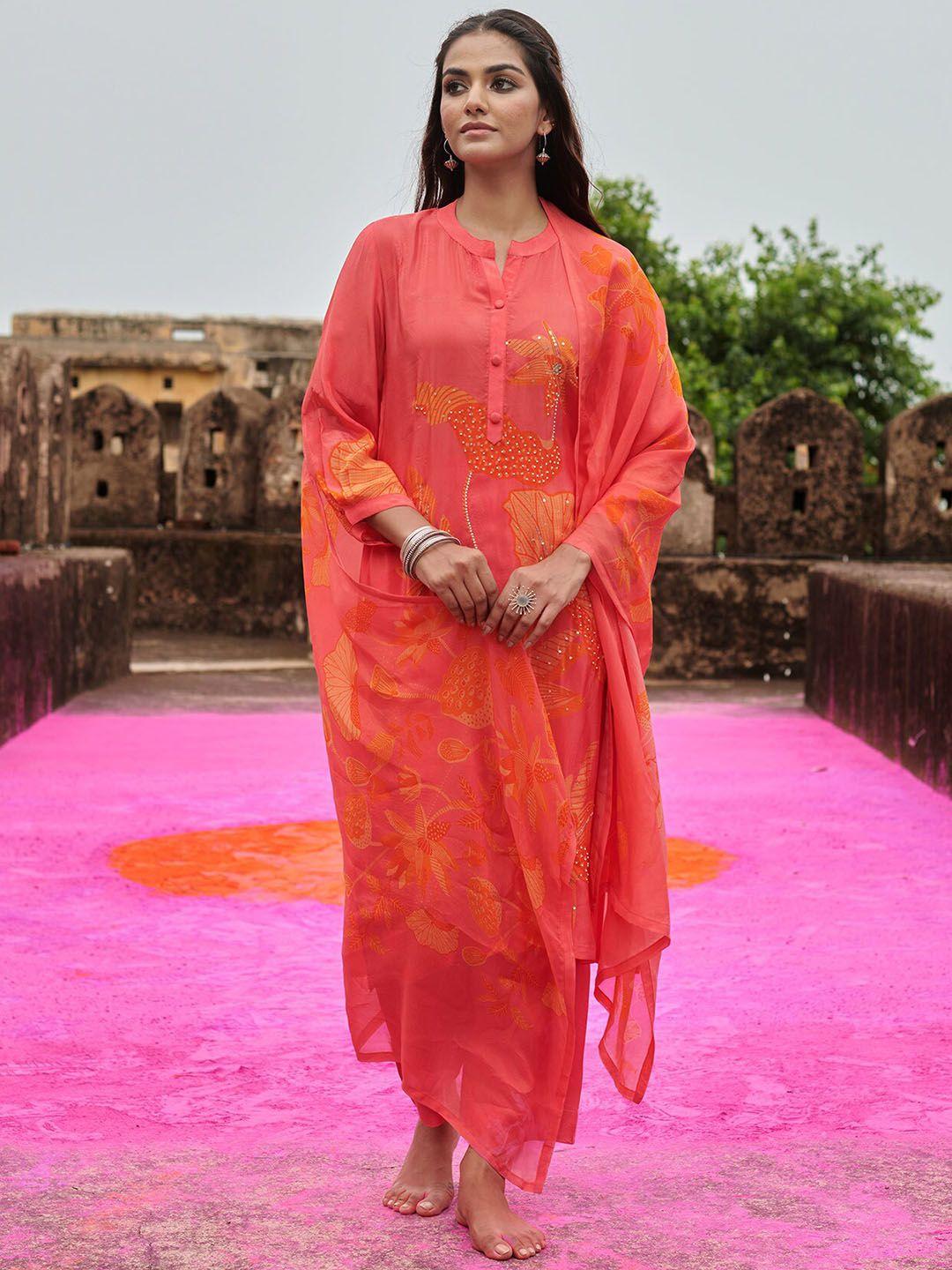 karaj jaipur women floral embroidered regular beads and stones silk crepe kurta with trousers & with dupatta