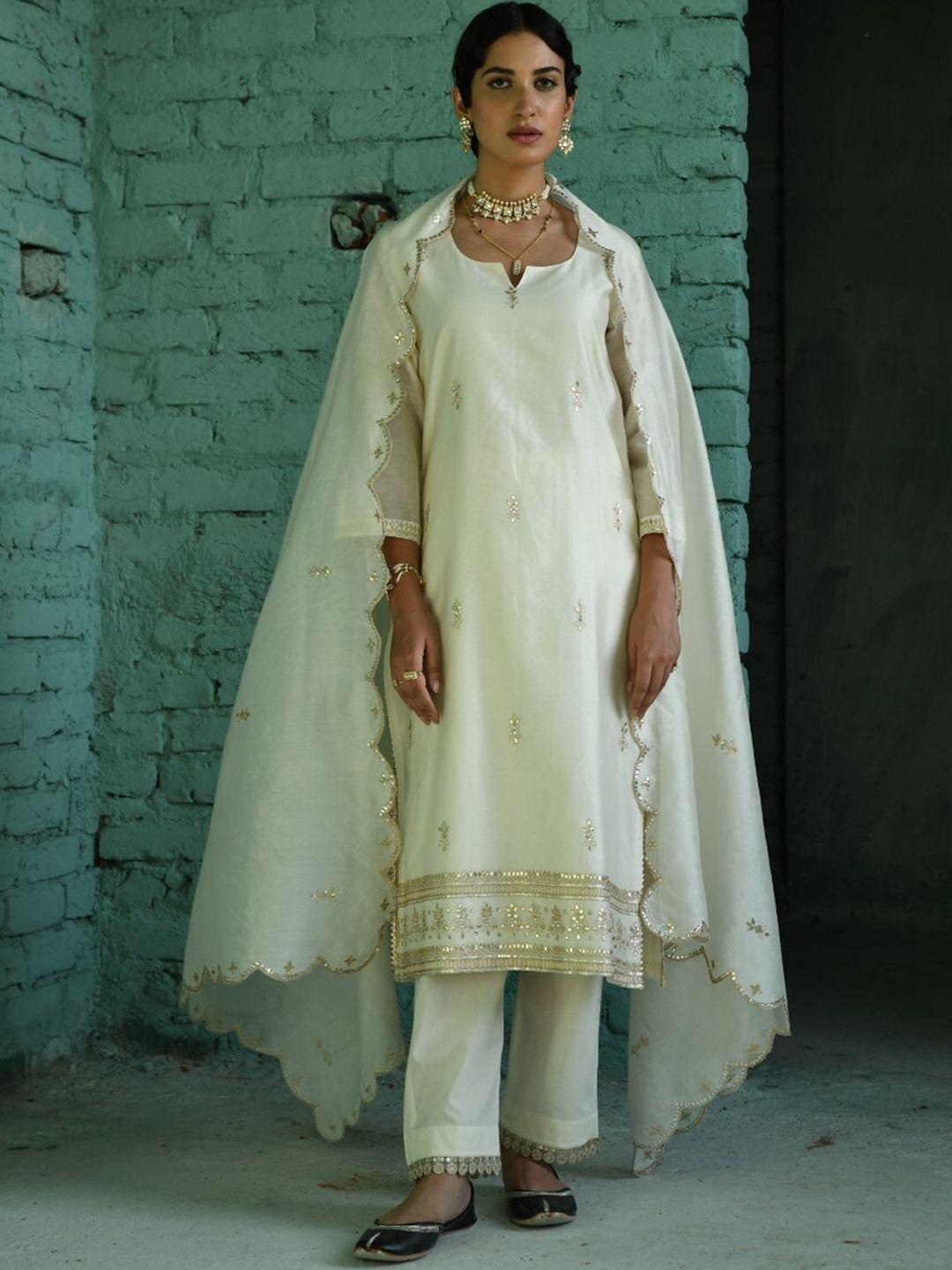 karaj jaipur women floral embroidered regular chanderi silk kurta with trousers & with dupatta