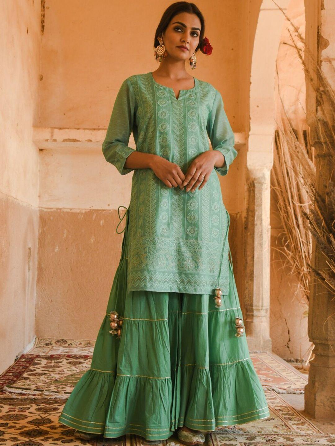 karaj jaipur women green embroidered chanderi kurta with sharara & with dupatta