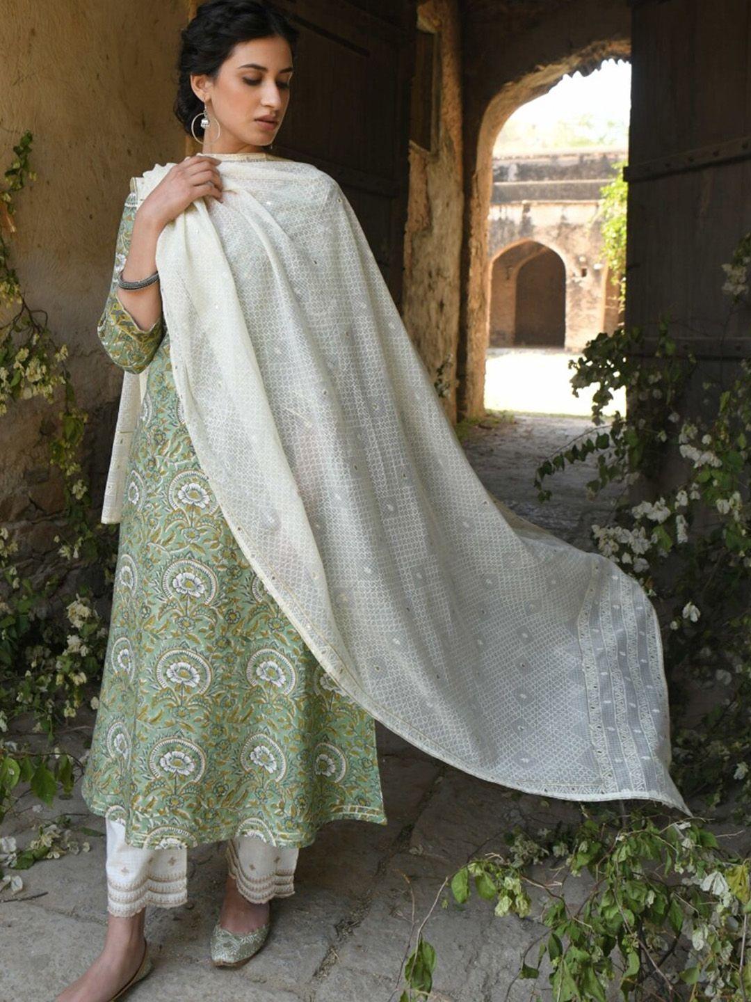 karaj jaipur women green printed pure cotton kurta with trousers & with dupatta