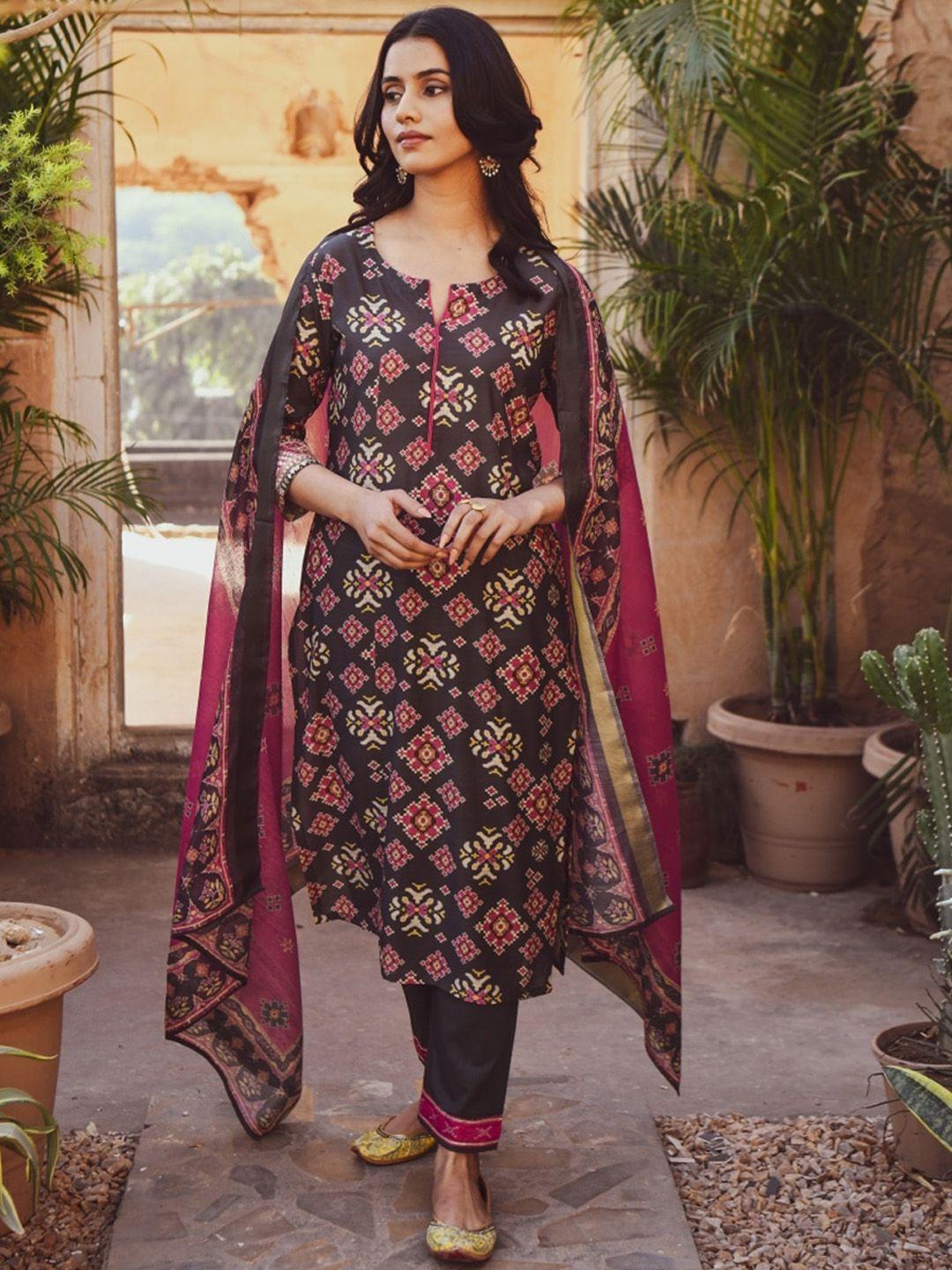 karaj jaipur women grey ethnic motifs printed kurta with trousers & with dupatta