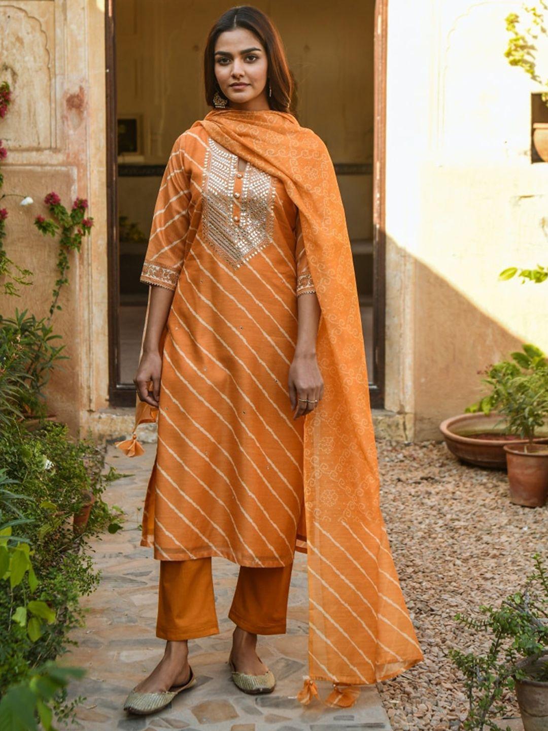 karaj jaipur women mustard yellow leheriya printed gotta patti kurta with trousers & with dupatta