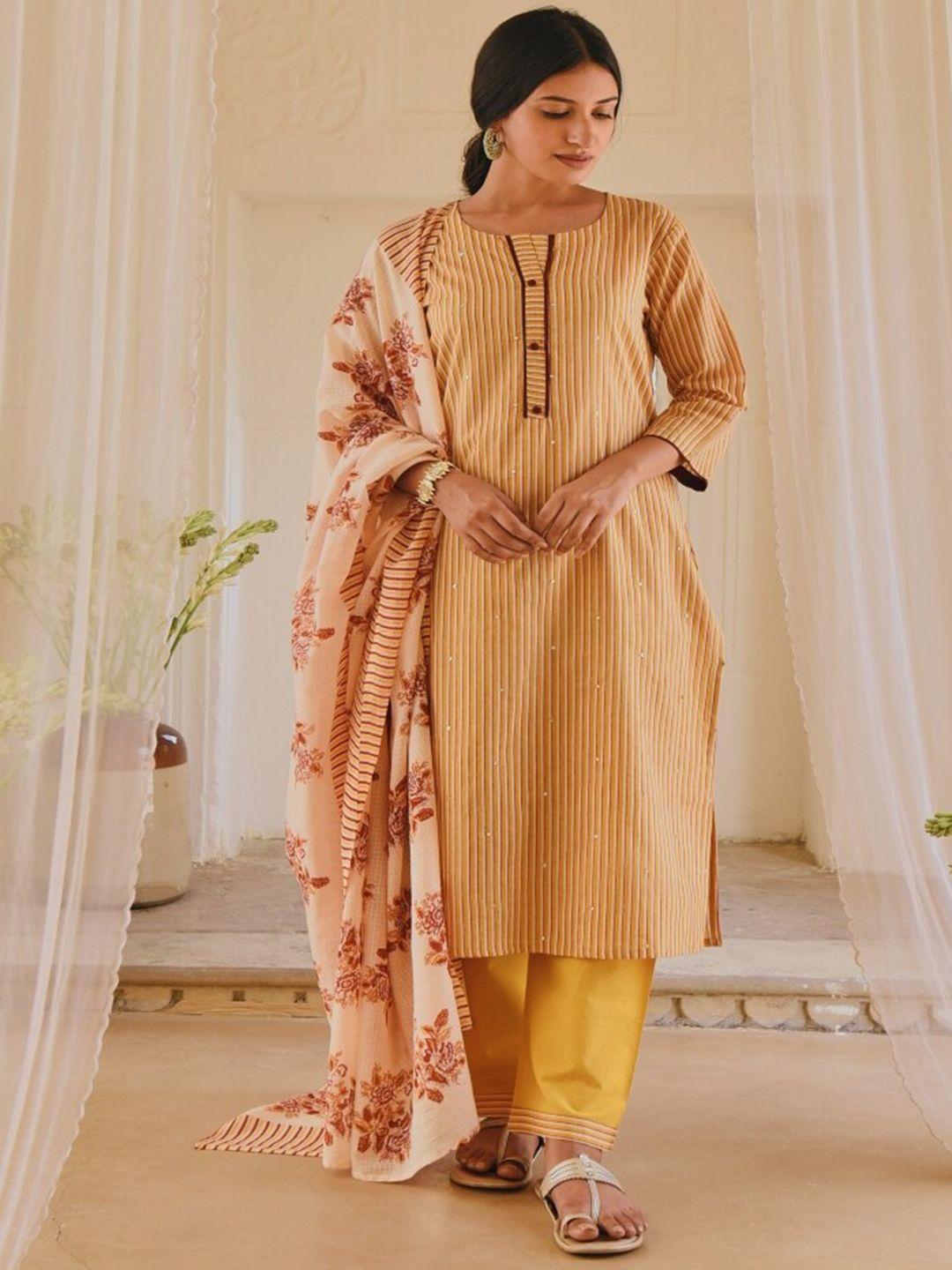 karaj jaipur women mustard yellow yoke design pure cotton kurta with palazzos & dupatta