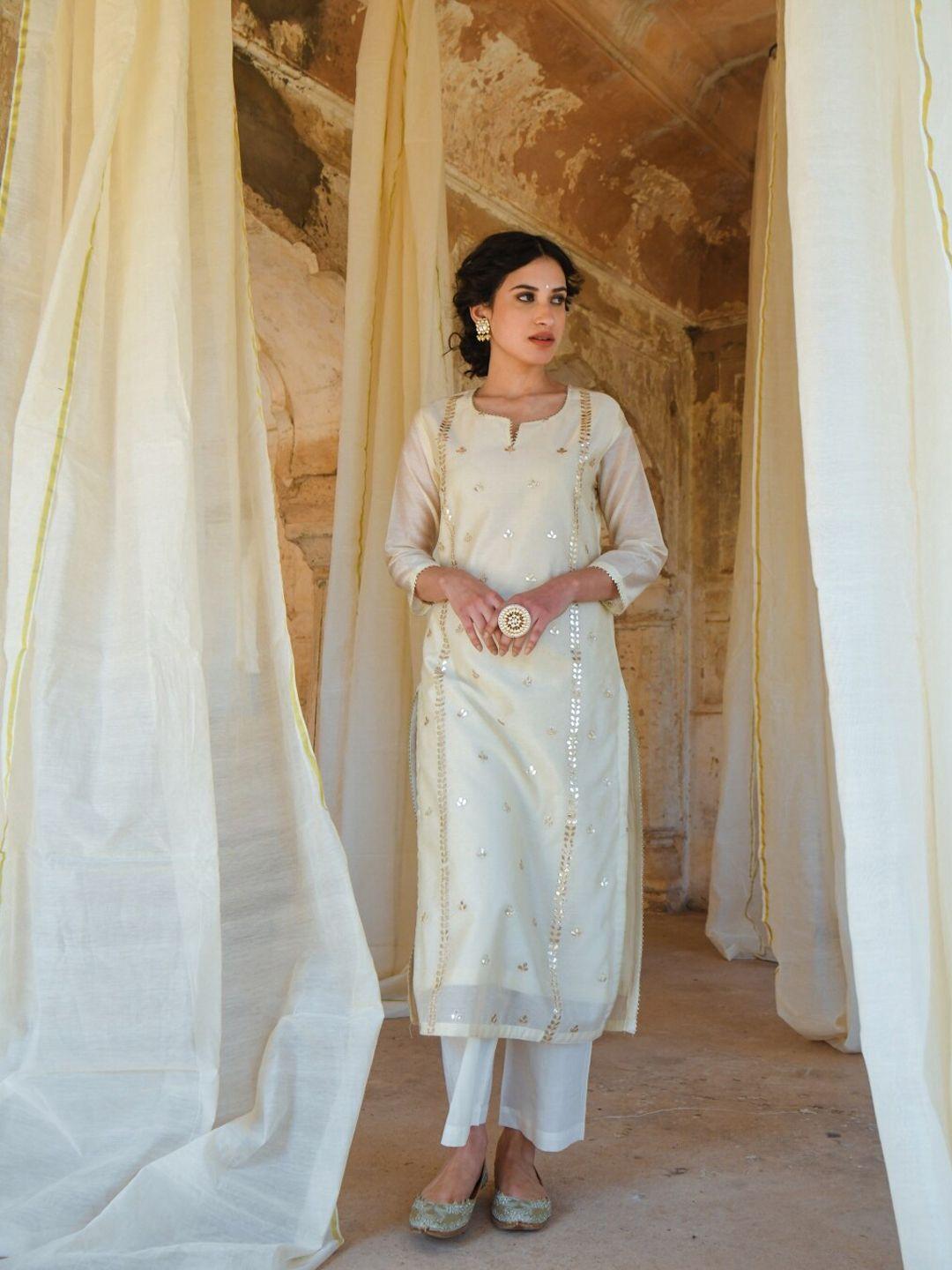 karaj jaipur women off white embroidered kurta with trousers & dupatta