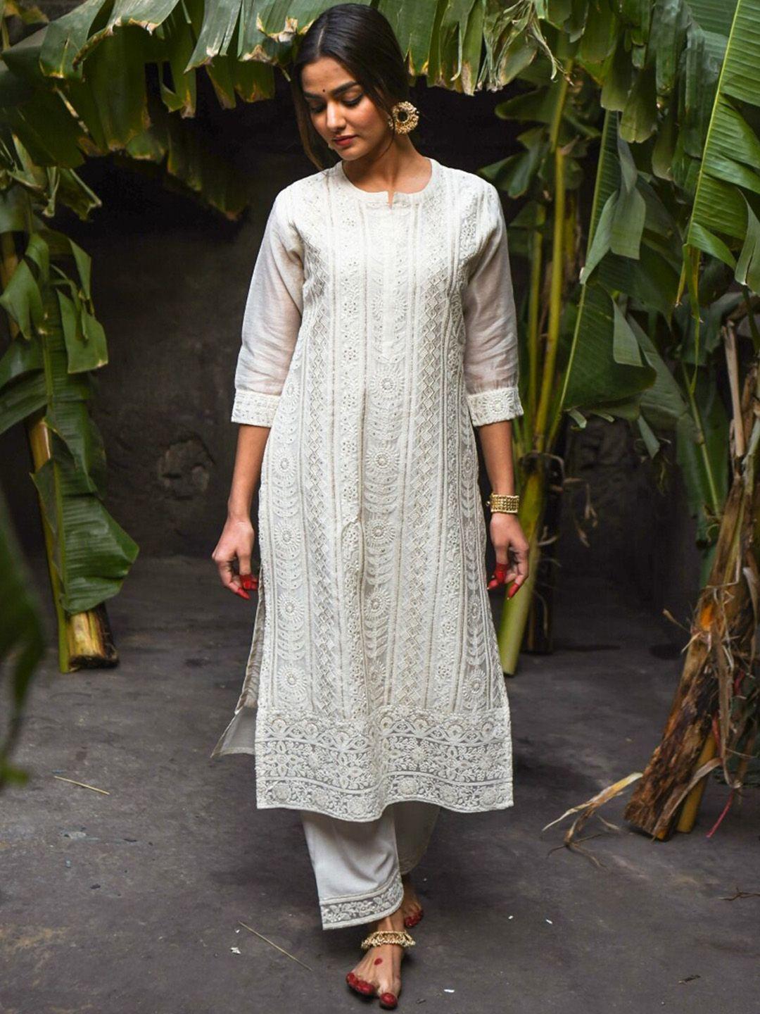 karaj jaipur women off white ethnic motifs embroidered chanderi cotton kurta with trousers & with dupatta