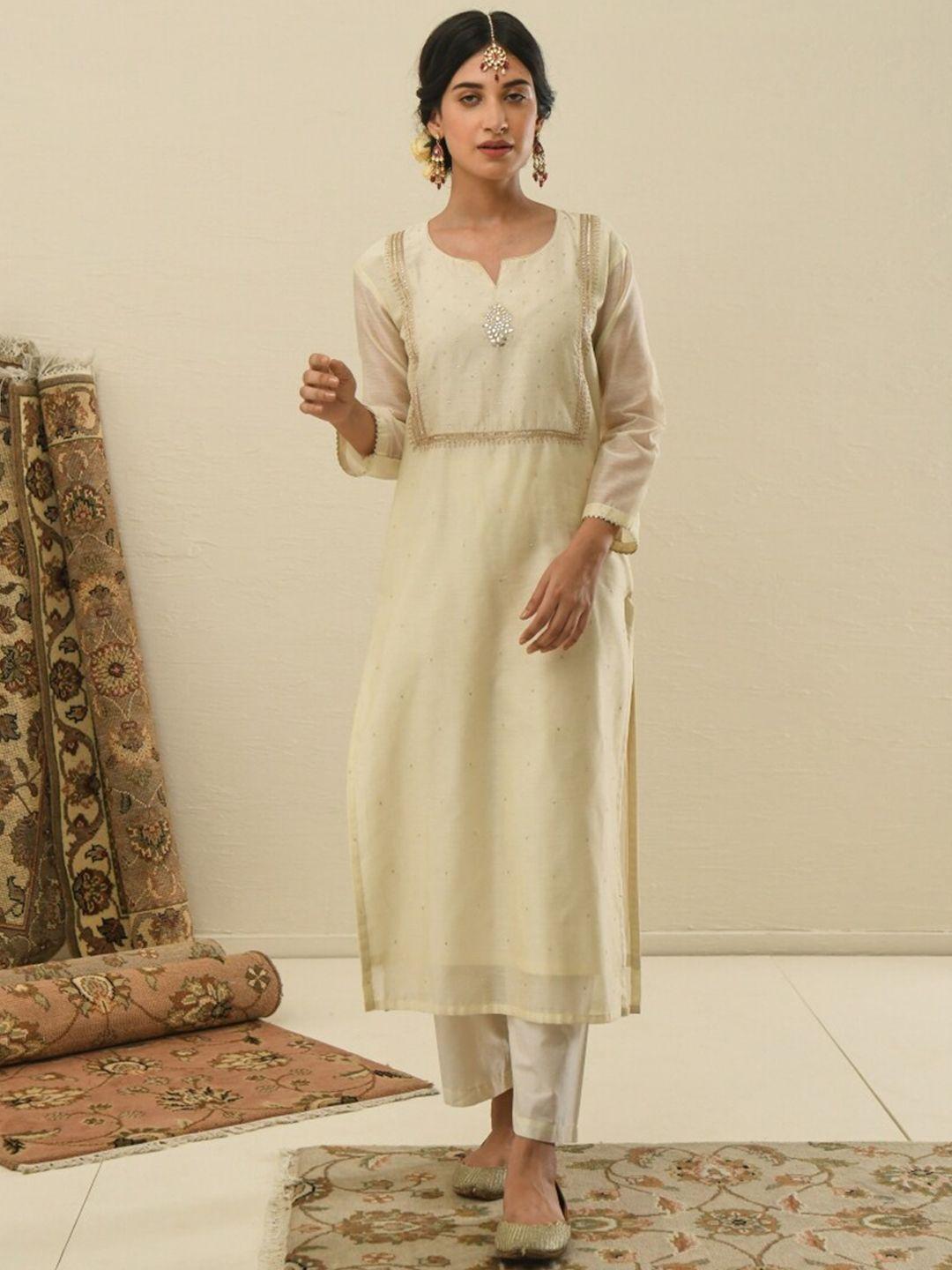 karaj jaipur women off white kurta with trousers & with dupatta
