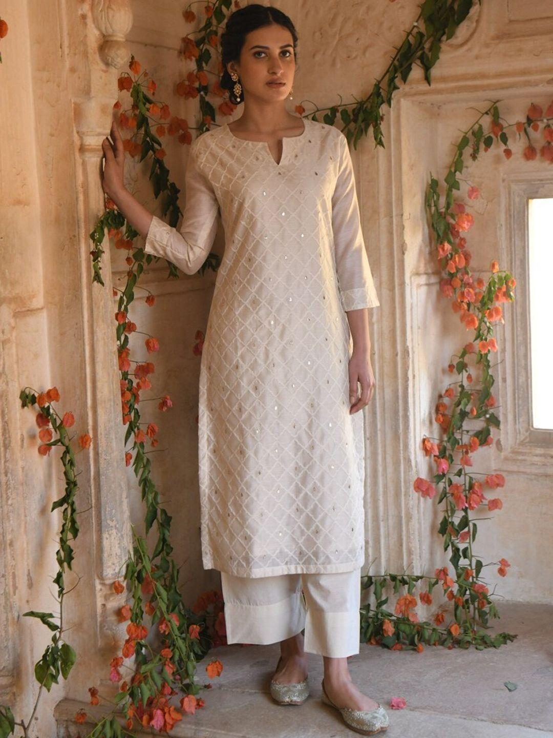karaj jaipur women off white self design chanderi kurta with trouser & dupatta