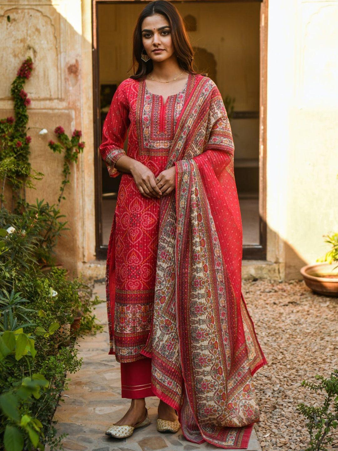 karaj jaipur women red floral printed kurta with trousers & with dupatta