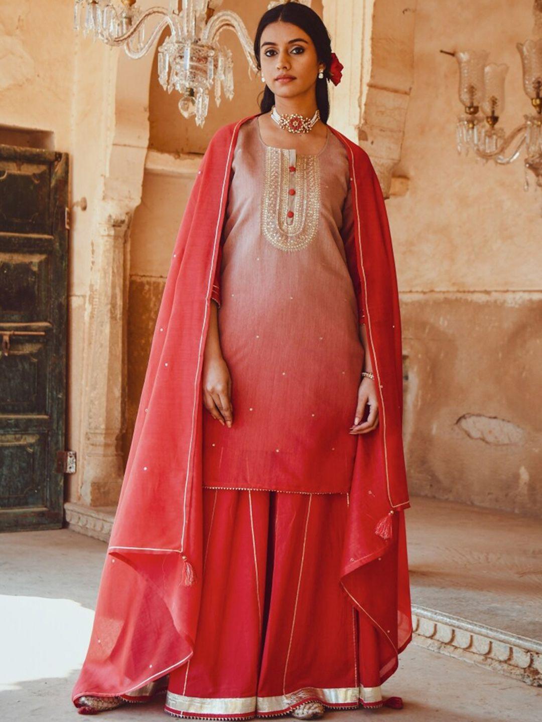 karaj jaipur women red ombre ethnic motifs embroidered kurta with skirt & with dupatta