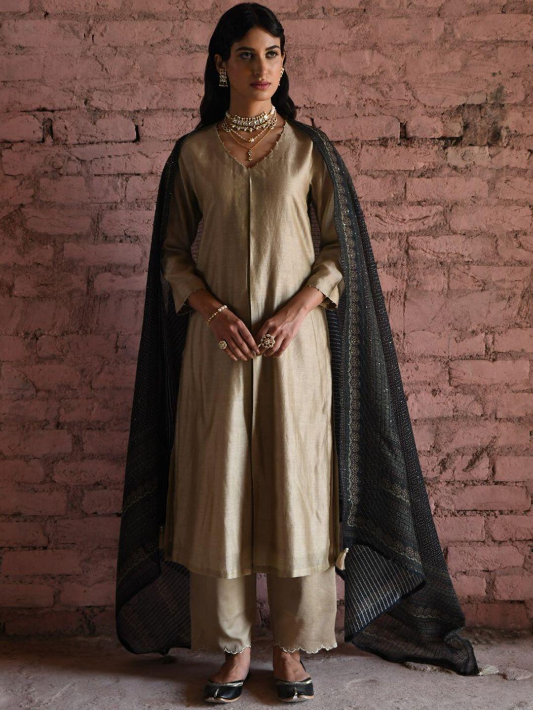karaj jaipur women regular chanderi silk kurta with palazzos & with dupatta
