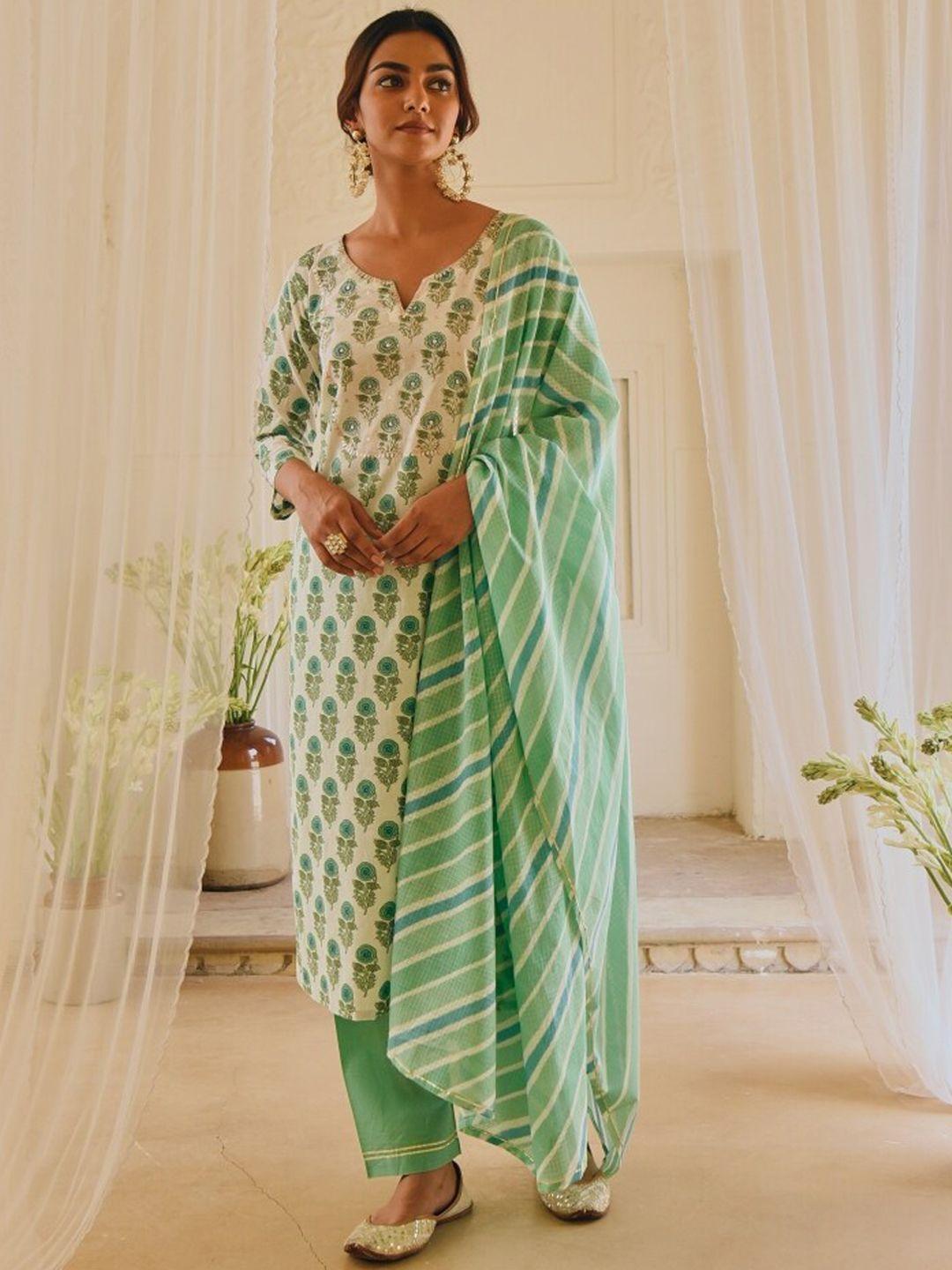 karaj jaipur women sea green ethnic motifs printed panelled pure cotton kurta with trousers & with dupatta