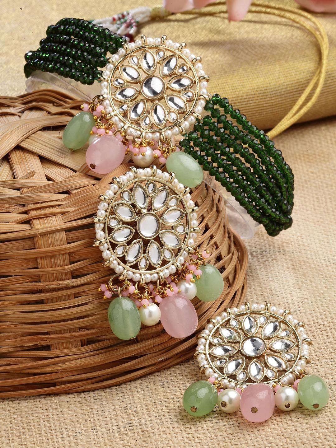 karatcart gold-plated & green kundan studded & beaded handcrafted jewellery set