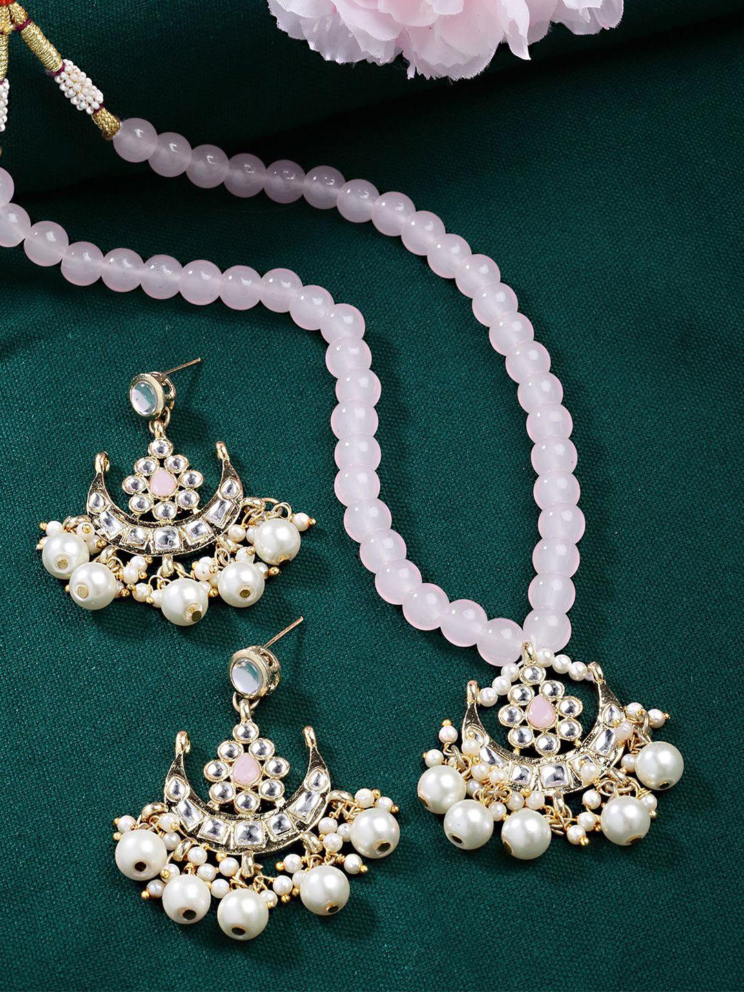 karatcart gold-plated & white kundan studded & beaded handcrafted jewellery set