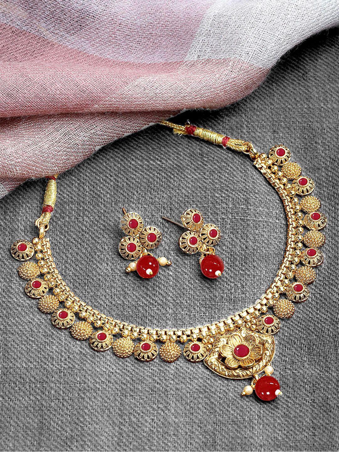 karatcart gold-plated kundan studded & pearls beaded jewellery set