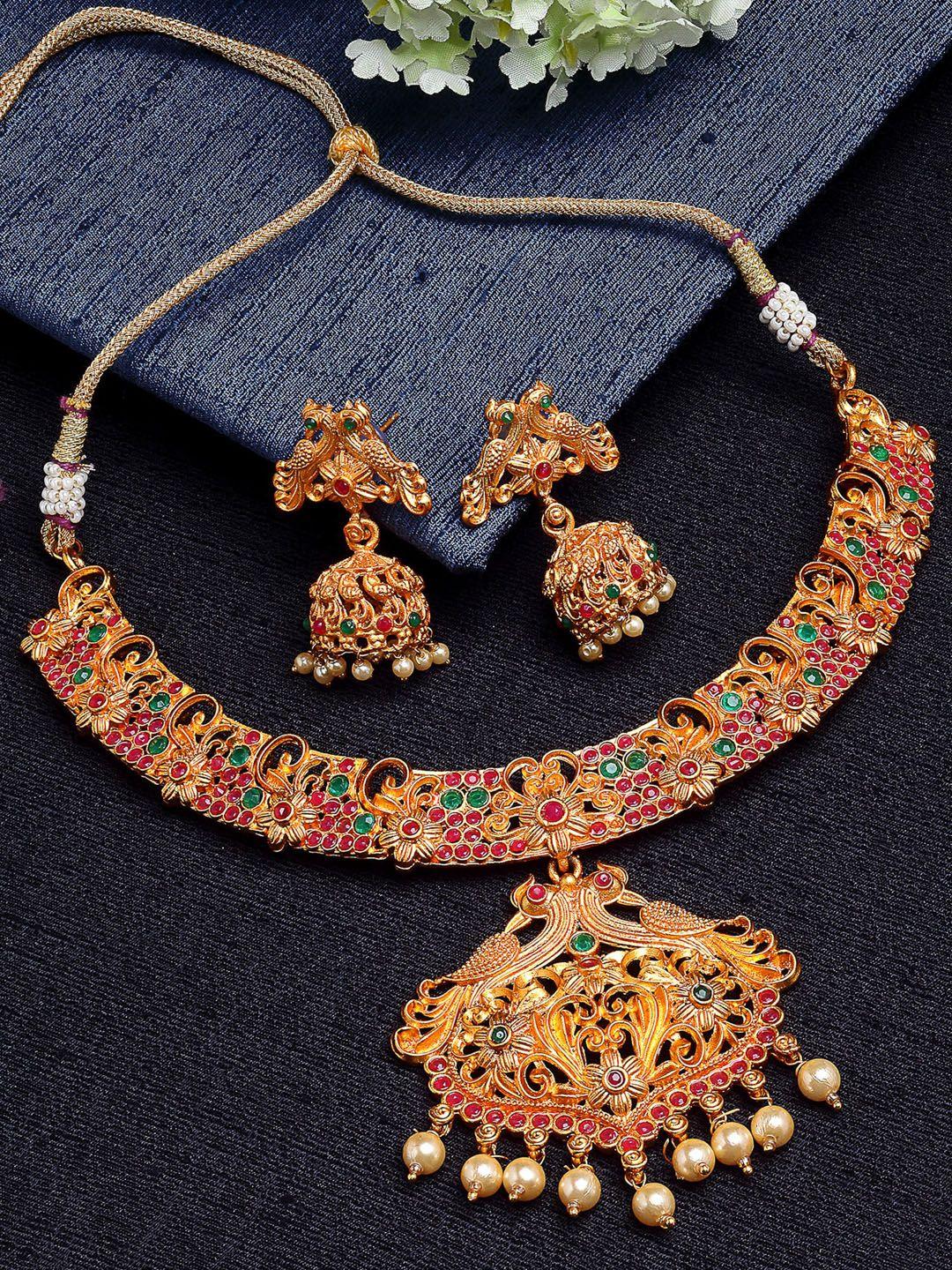 karatcart gold-plated pink & green kundan-studded & pearl beaded temple jewellery set