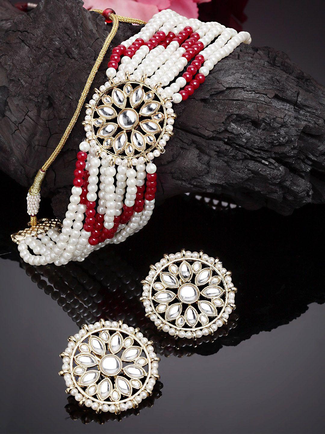 karatcart gold-plated red & white kundan studded & beaded handcrafted jewellery set