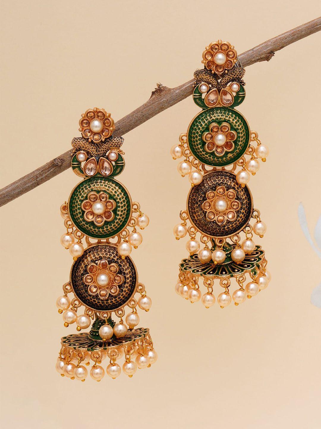 karatcart green & gold-plated antique classic jhumkas earrings