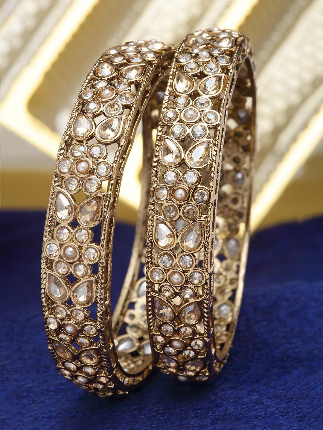 karatcart set of 2 gold-plated kundan-studded antique bangles