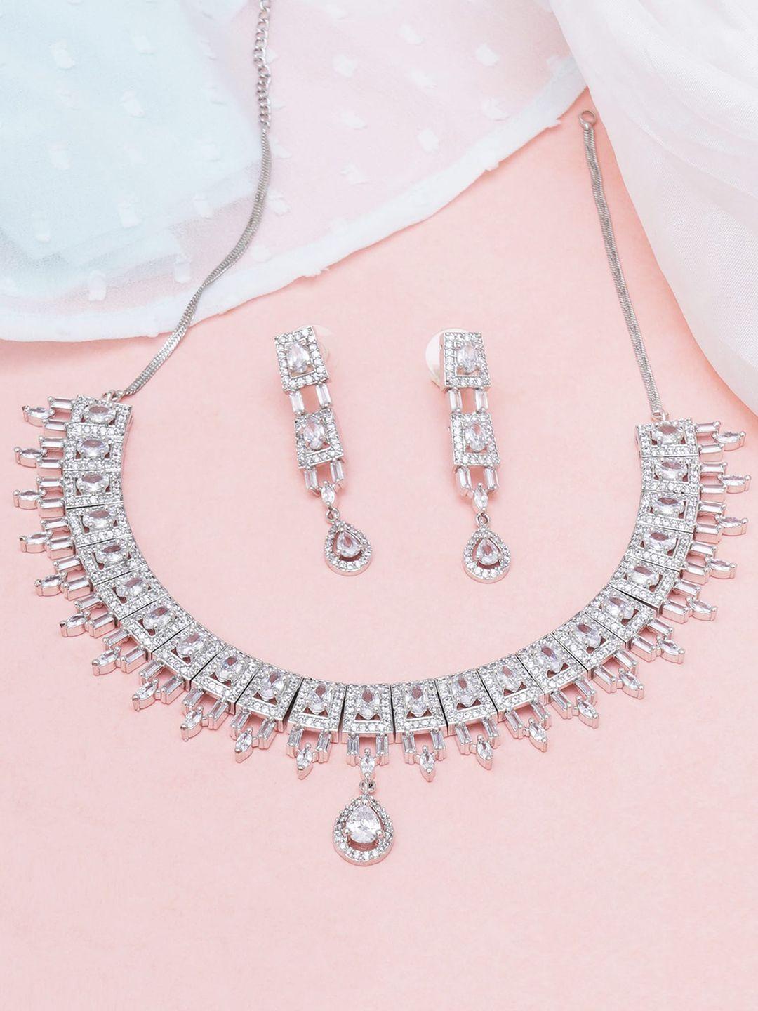 karatcart silver-plated american diamond studed choker necklace set