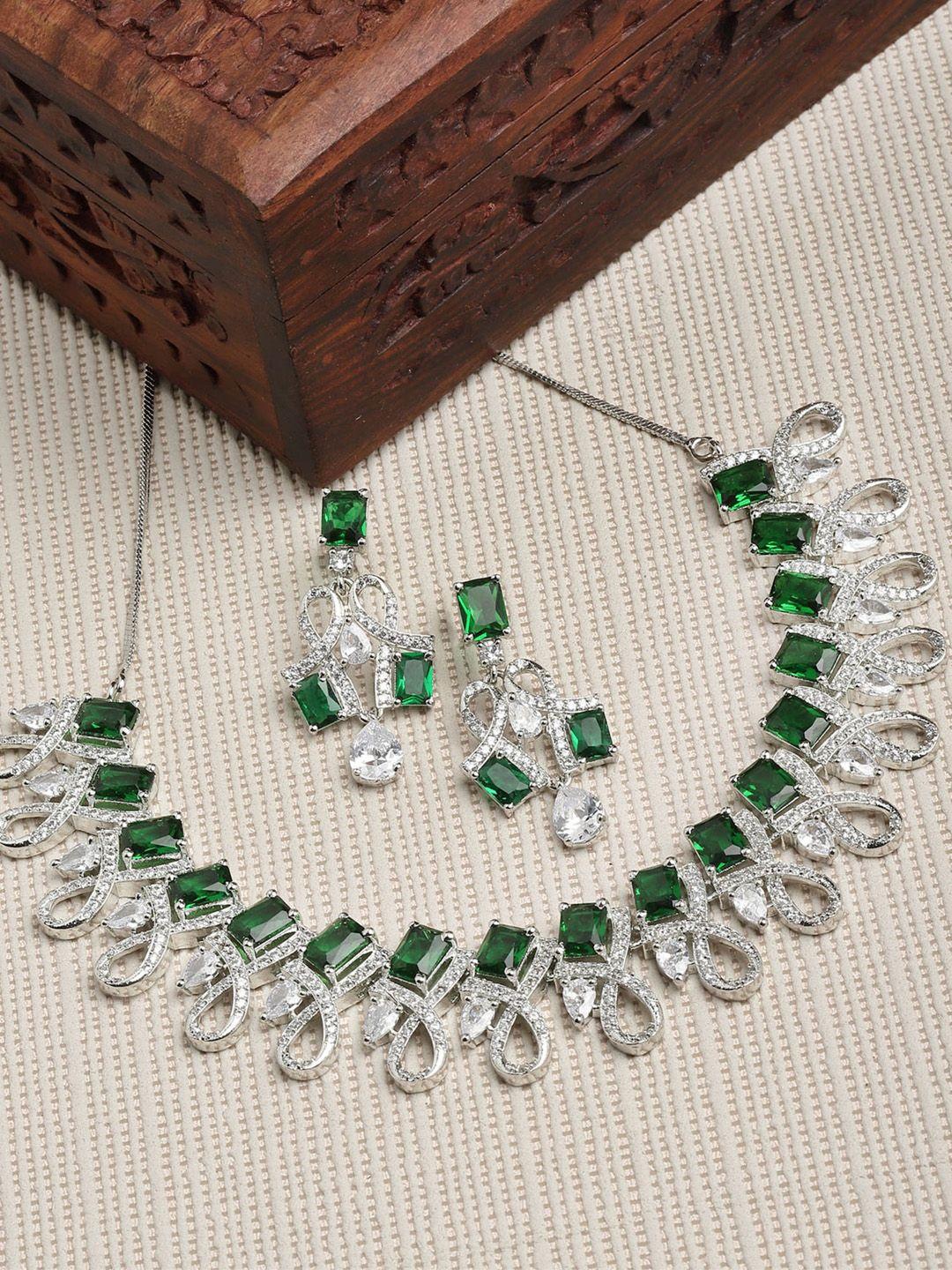 karatcart silver-plated green & white ad-studded jewellery set