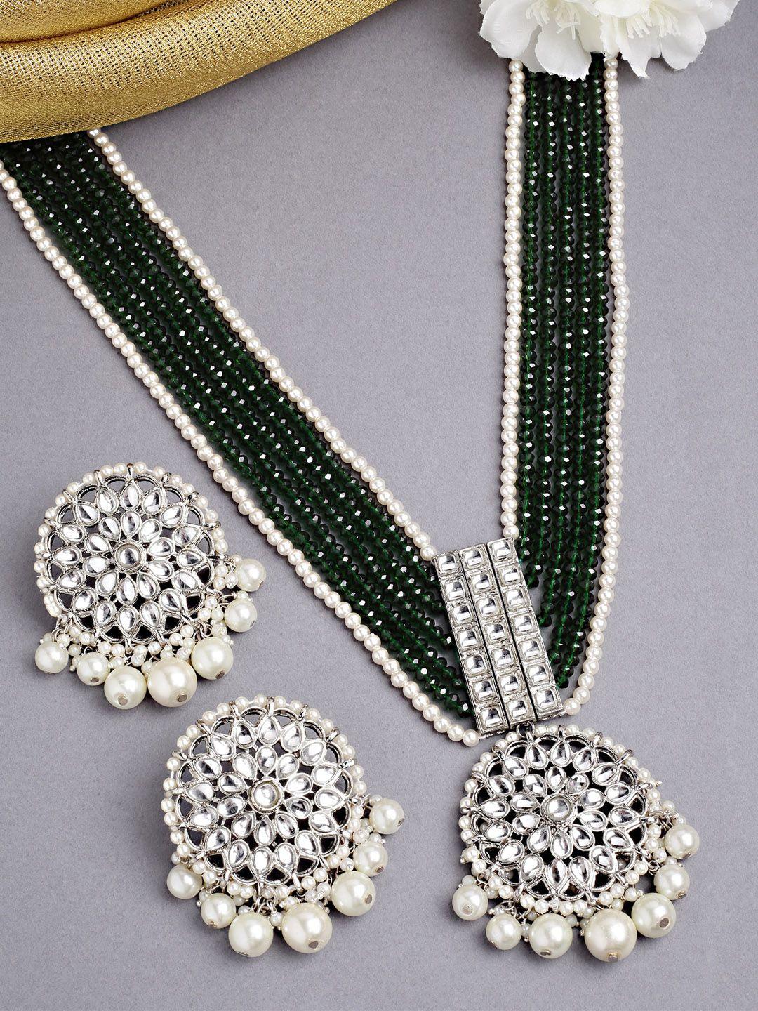 karatcart silver-plated green & white kundan studded & beaded handcrafted jewellery set