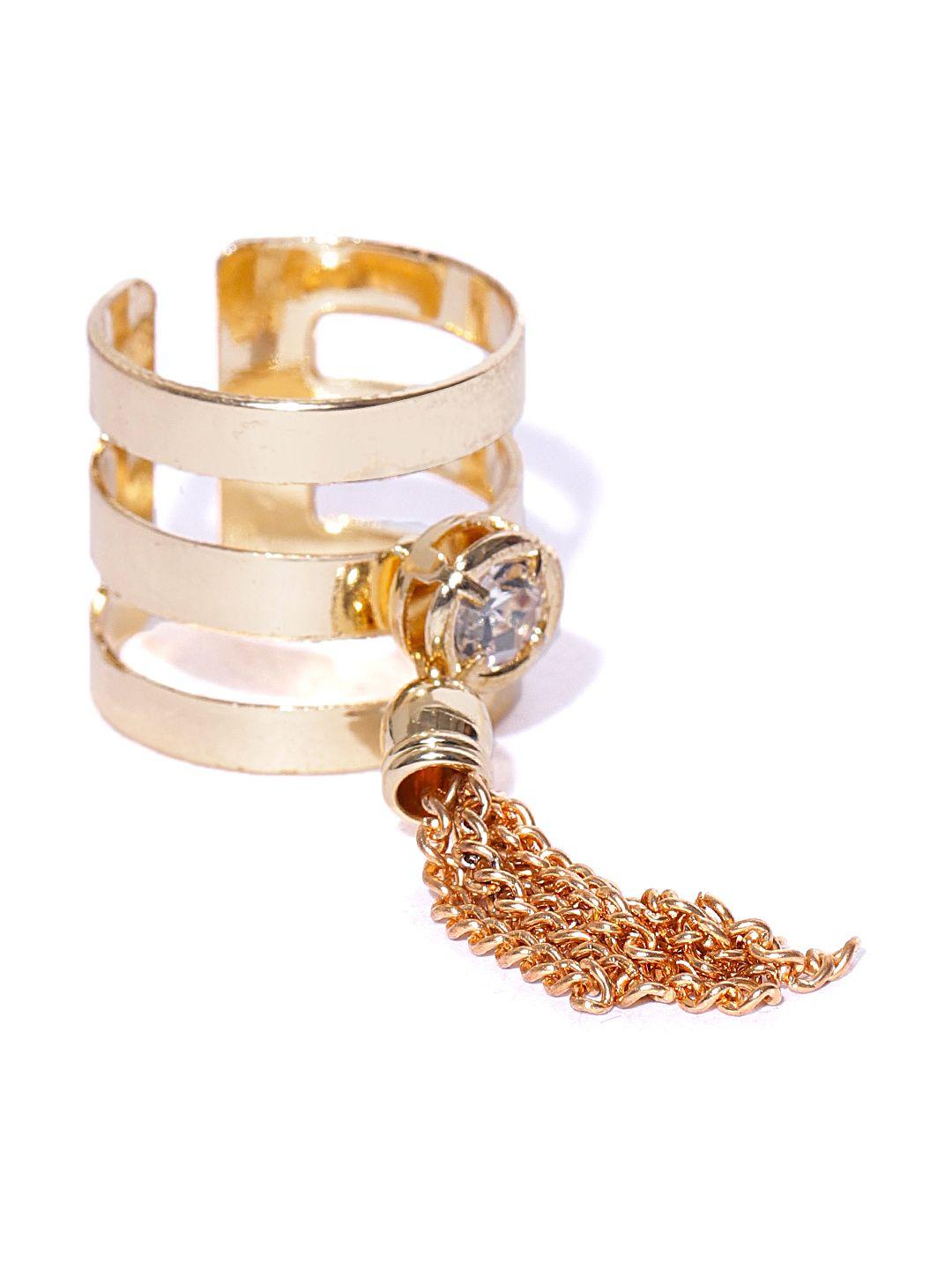 karatcart women gold-plated stone-studded adjustable finger ring with tasselled detail