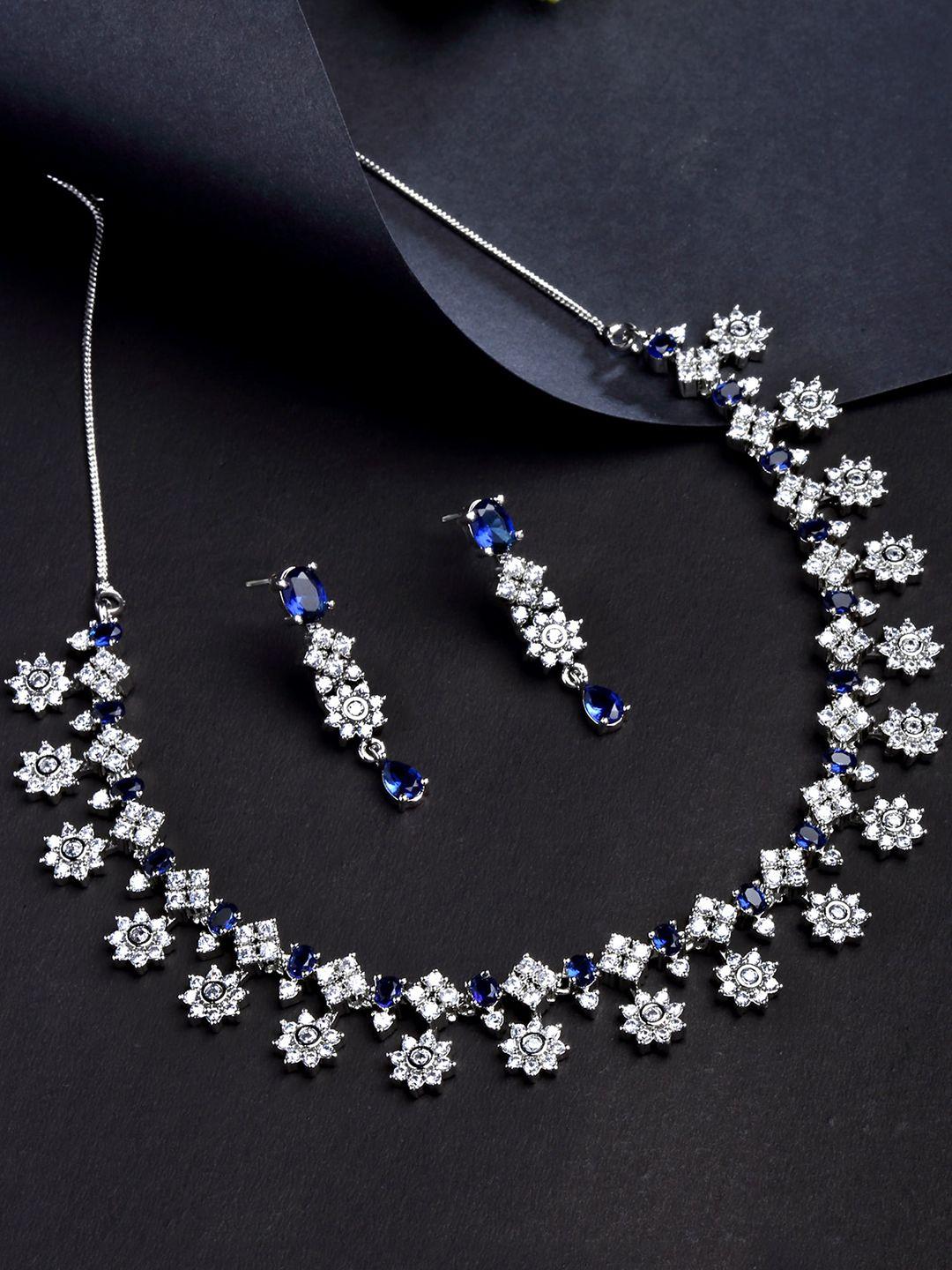 karatcart women silver-plated silver-toned blue cz studded jewellery set