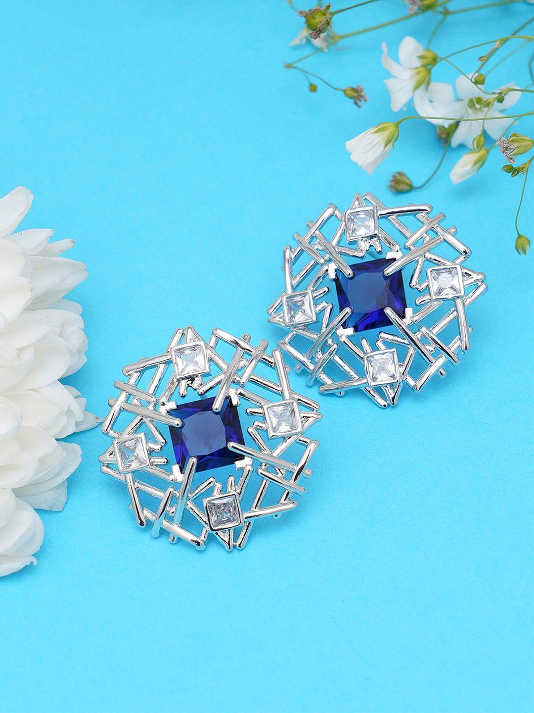 karatcart blue silver tone contemporary  american diamond studs earrings