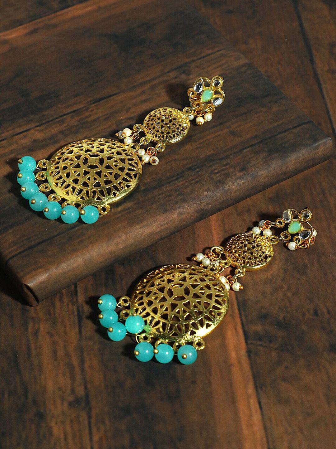 karatcart gold-plated & blue kundan classic drop earrings