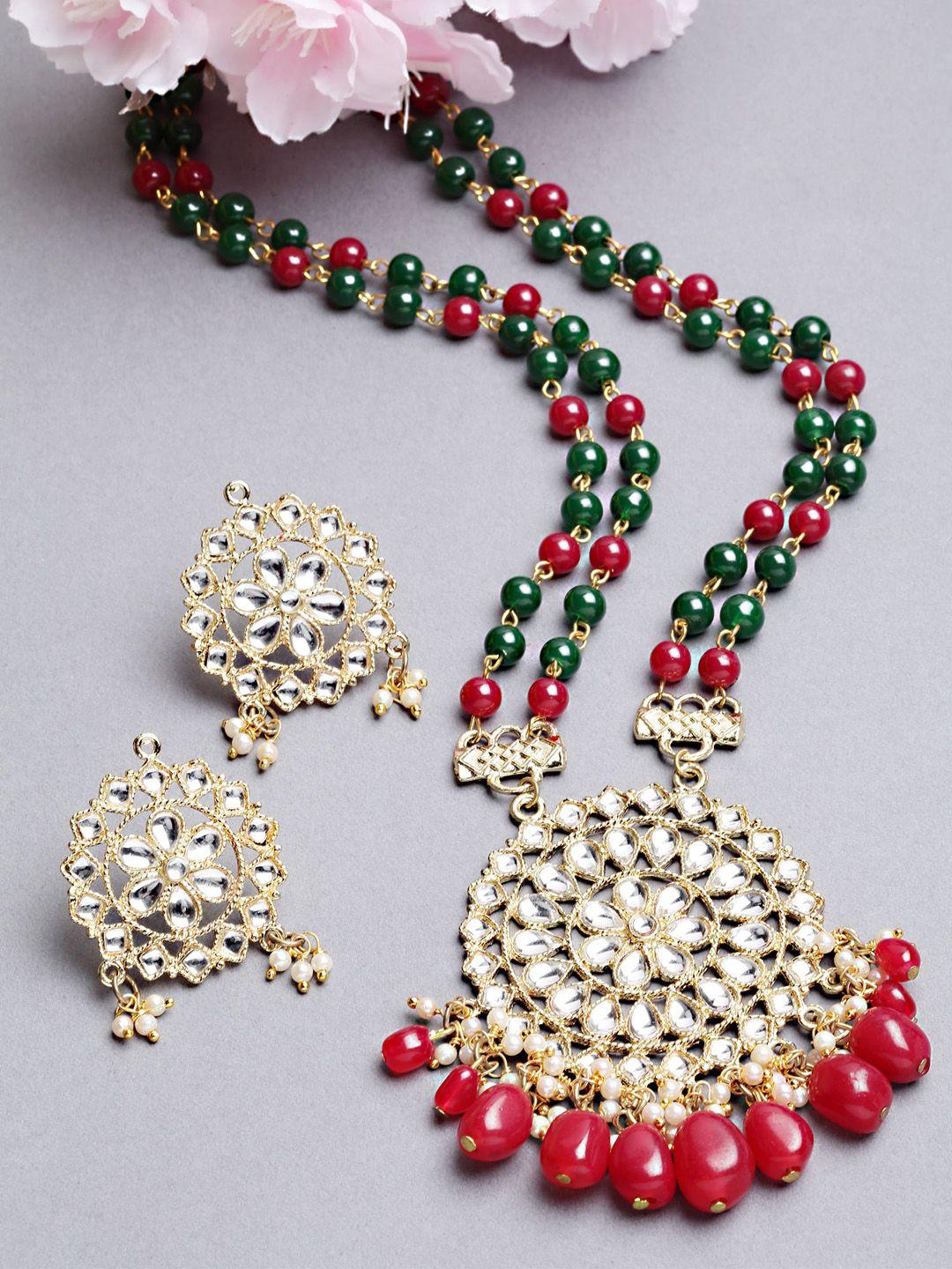 karatcart gold-plated red & green kundan studded & beaded handcrafted jewellery set