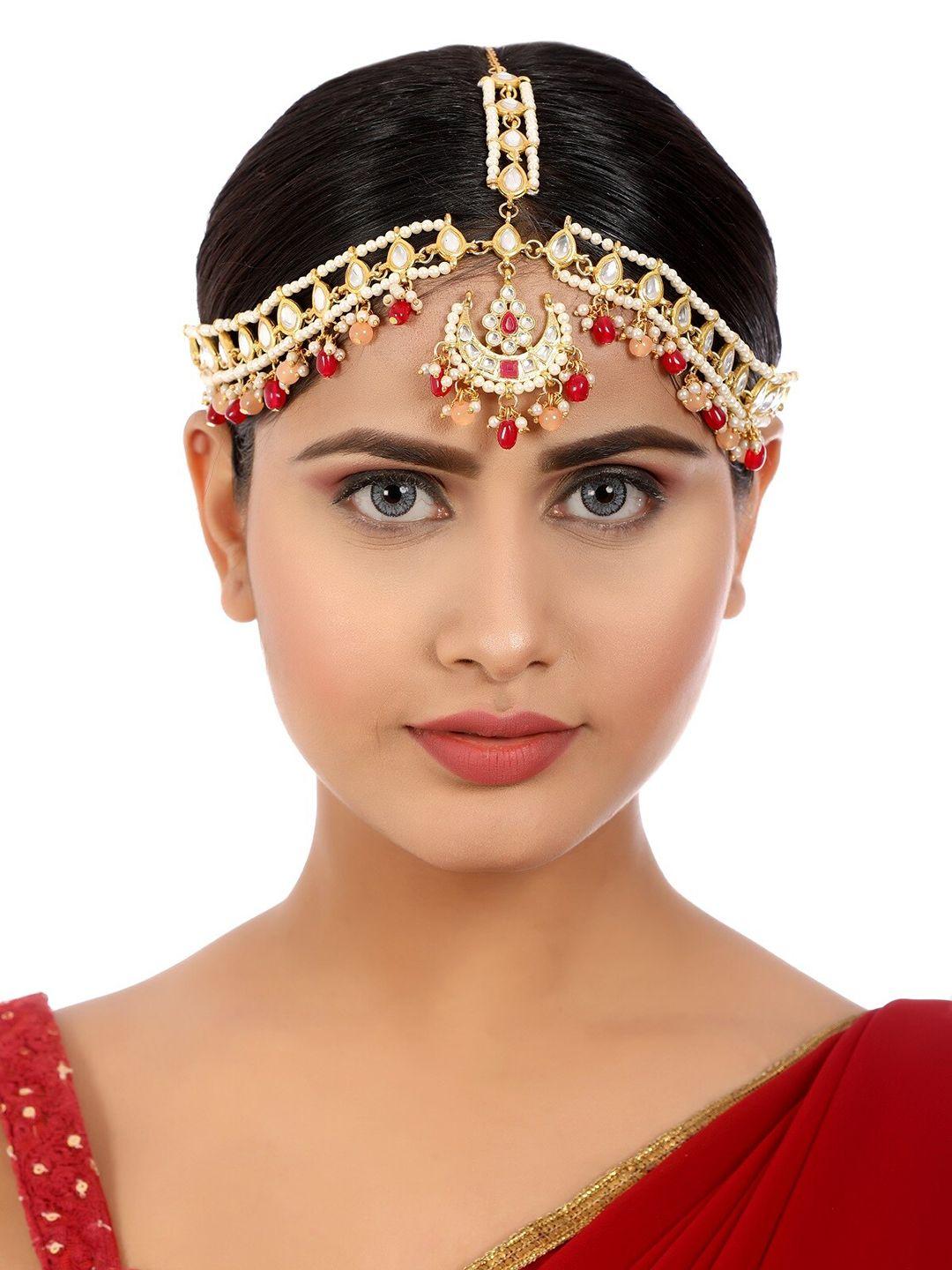 karatcart gold-plated red & white ruby & kundan-studded & pearl beaded matha patti