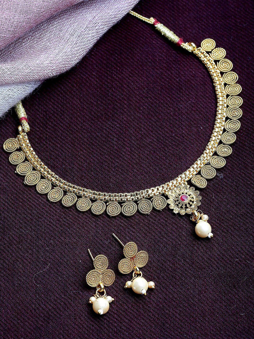 karatcart gold-plated stone-studded & beaded jewellery set
