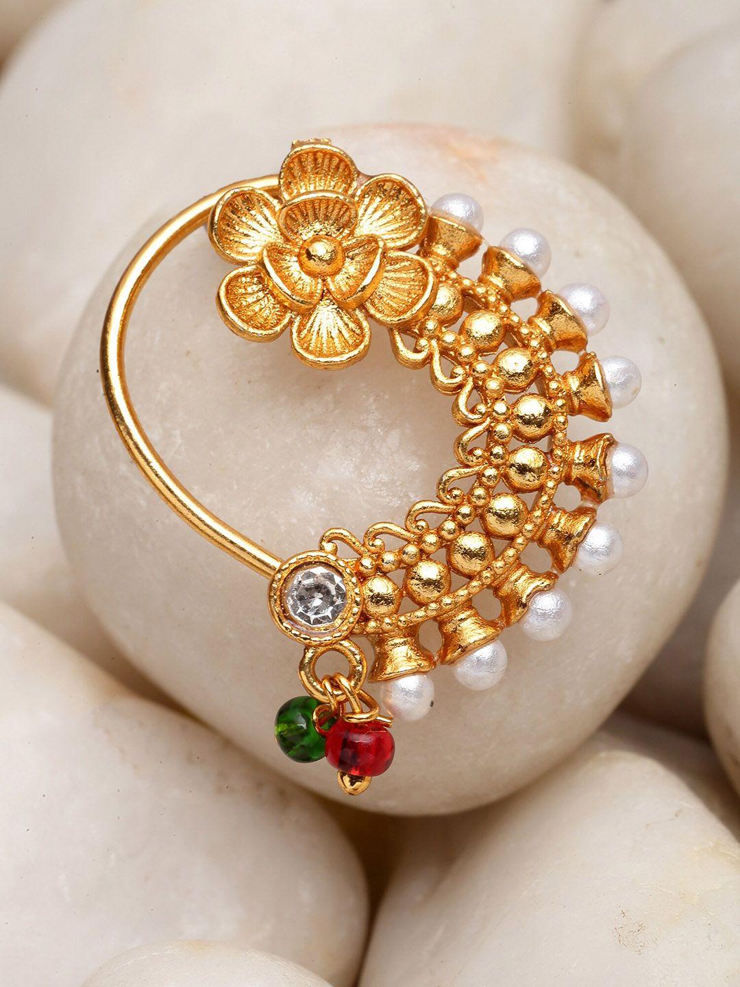 karatcart gold plated stone studded & beaded nose ring