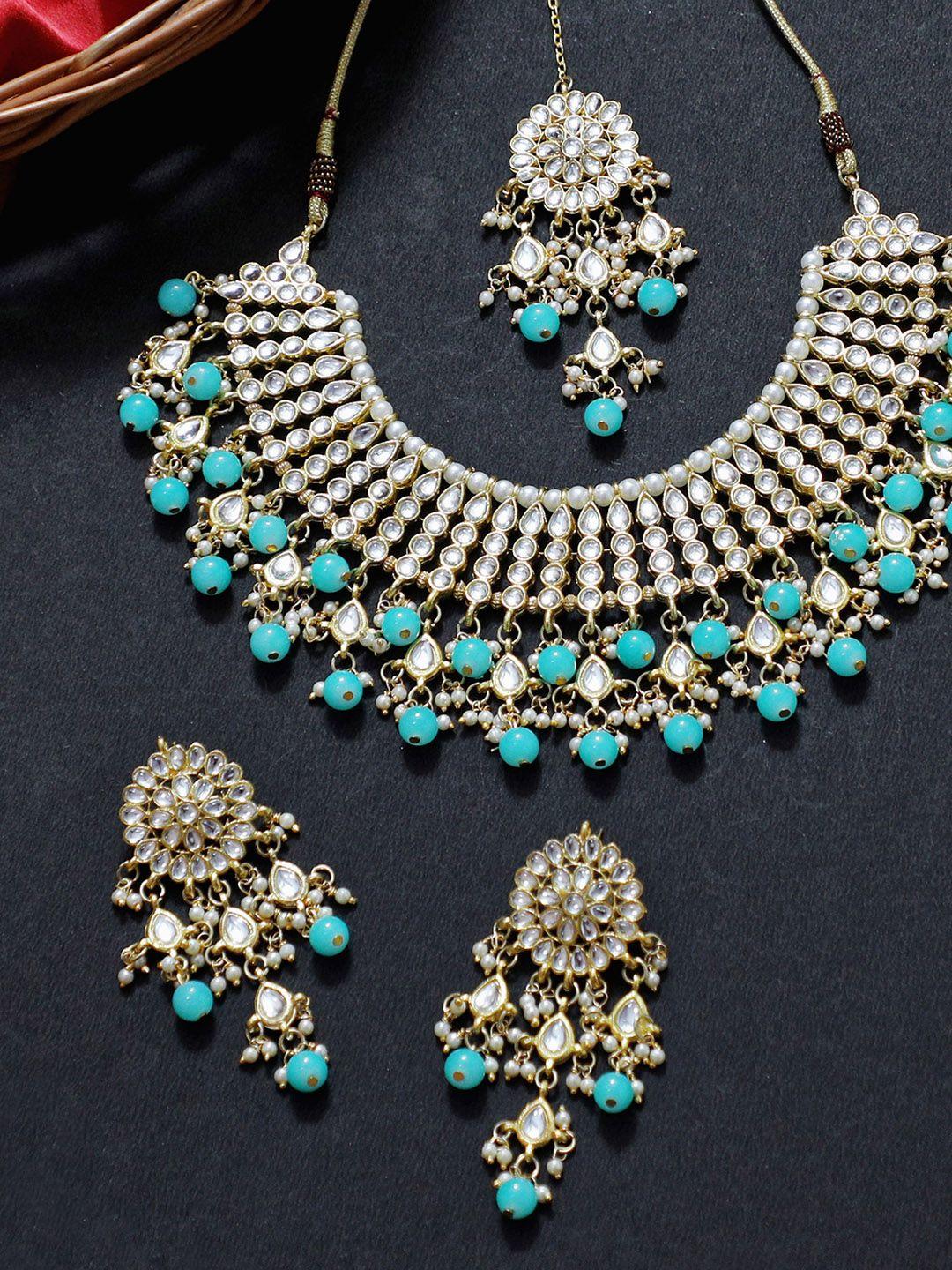 karatcart gold-plated white & blue kundan-studded & beaded handcrafted jewellery set