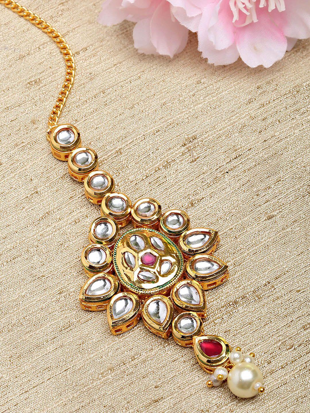 karatcart gold-plated white & red kundan-studded & pearl beaded maang tikka
