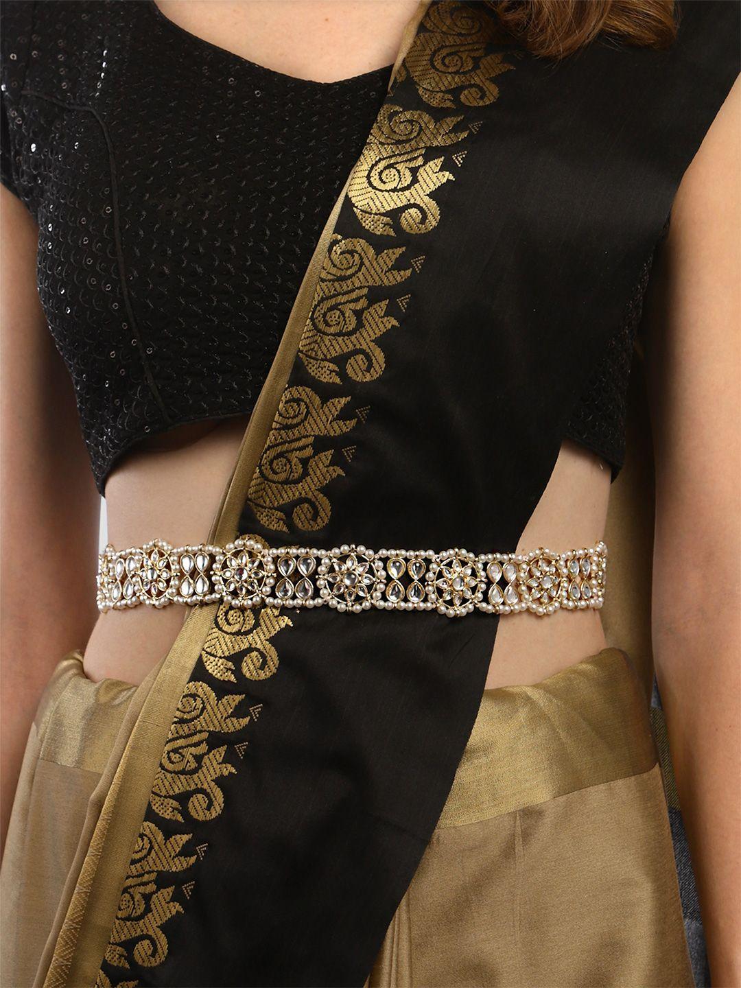 karatcart gold-plated white kundan-studded pearl beaded kamarbandh