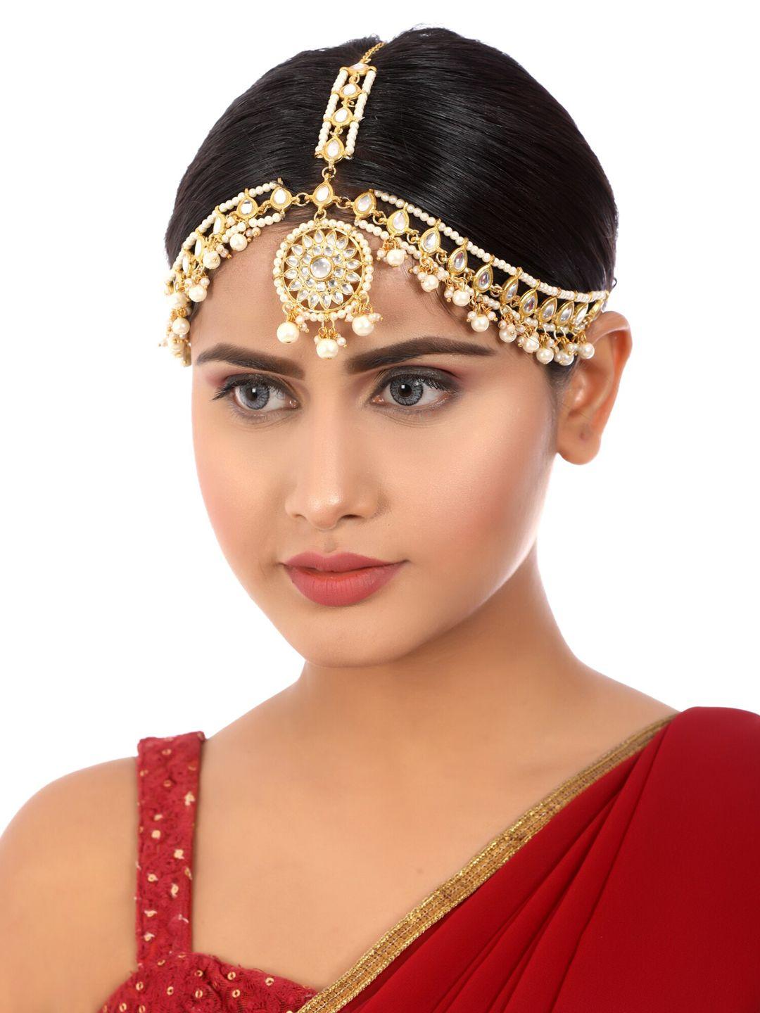 karatcart gold-plated white pearl & kundan-studded mathapatti