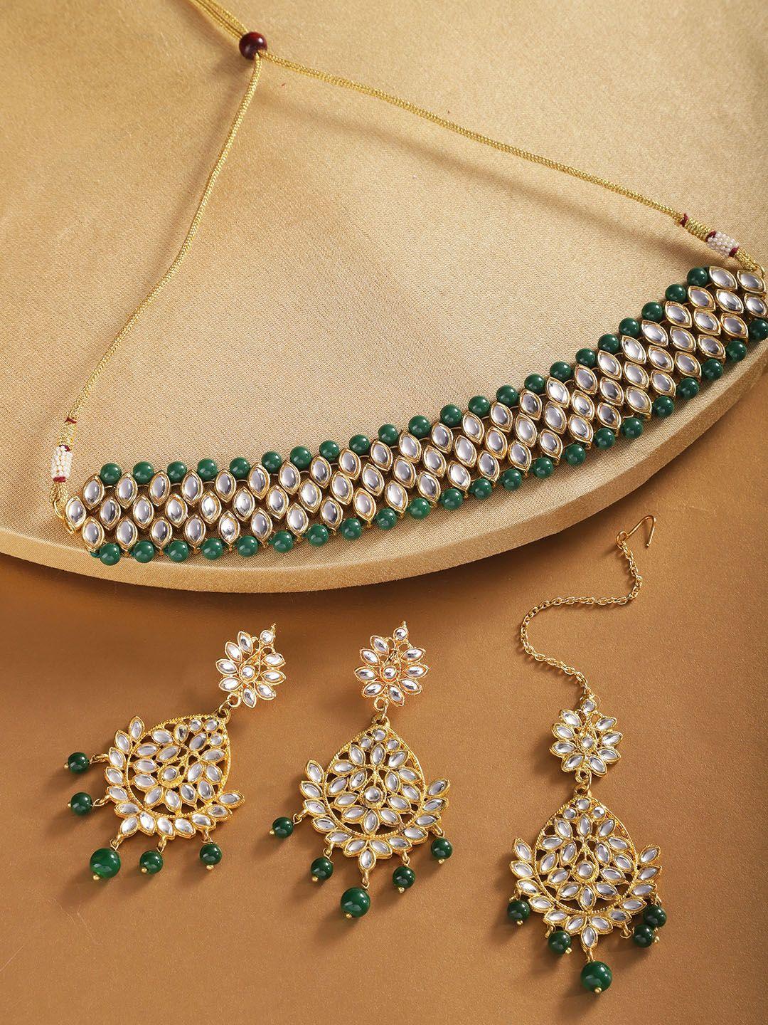 karatcart green gold-plated kundan studded & beaded handcrafted jewellery set