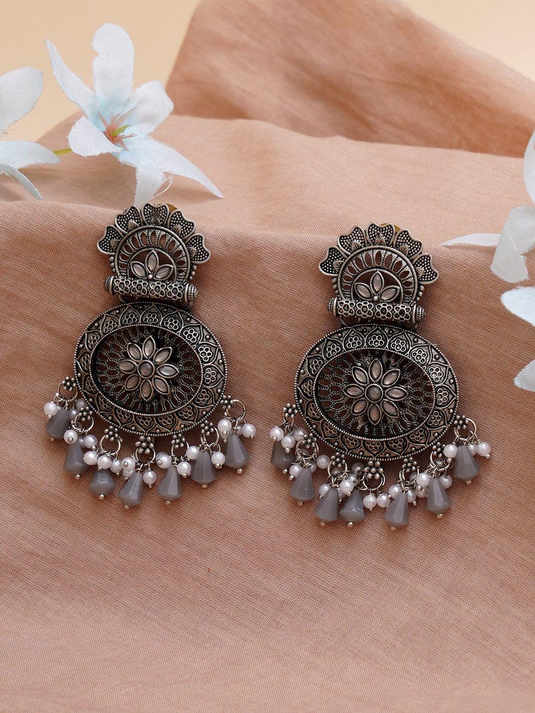 karatcart grey & silver-plated oxidised classic drop earrings