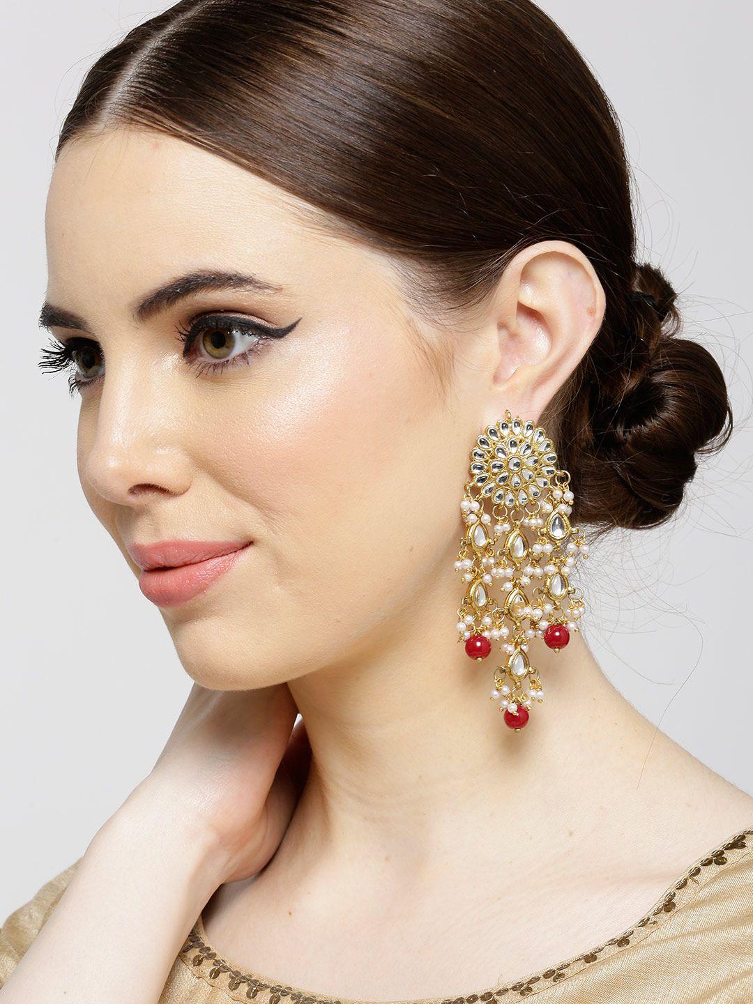 karatcart maroon gold-plated stone-studded floral drop earrings