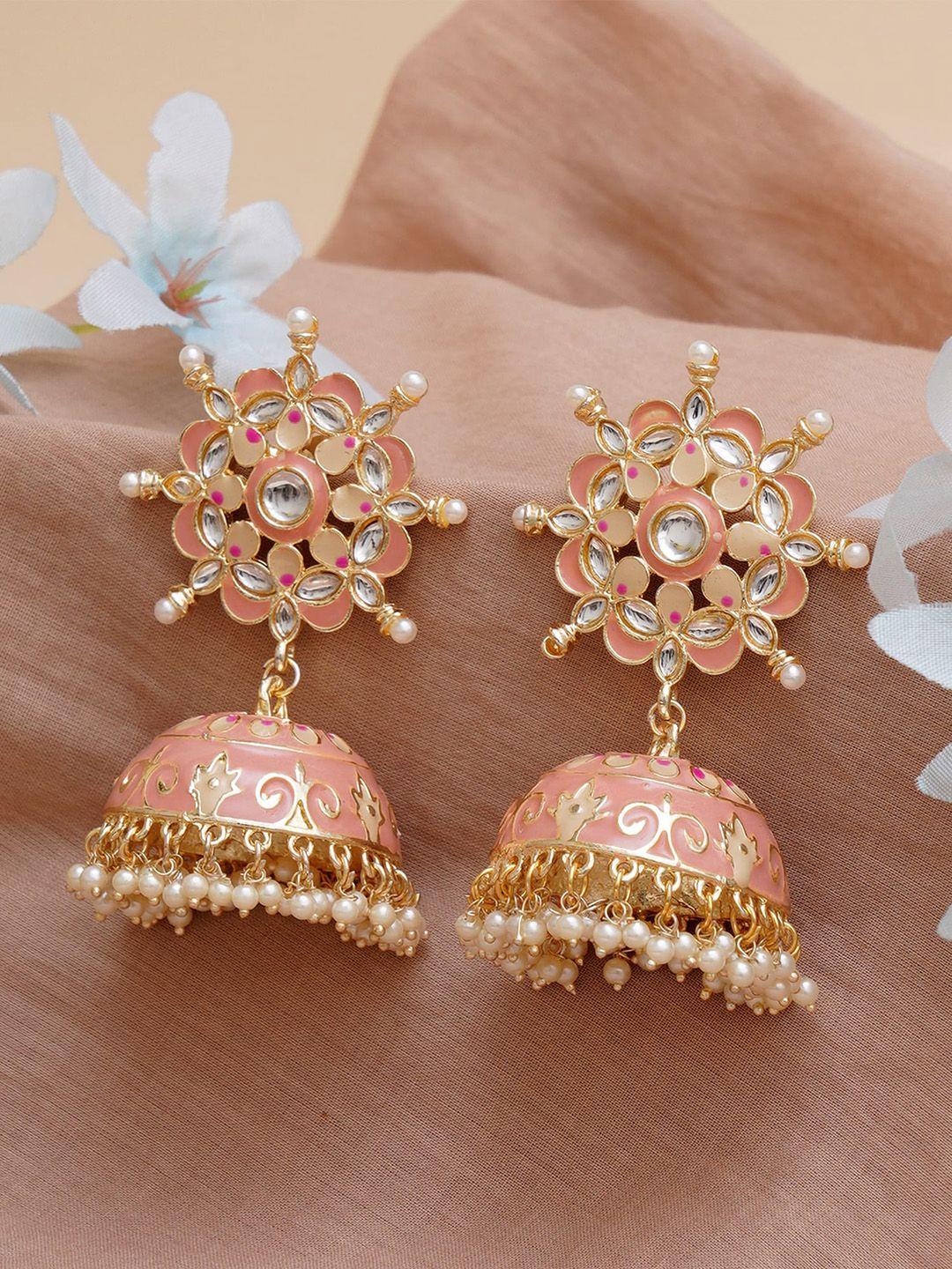 karatcart pink & white gold-plated pearl classic jhumkas earrings