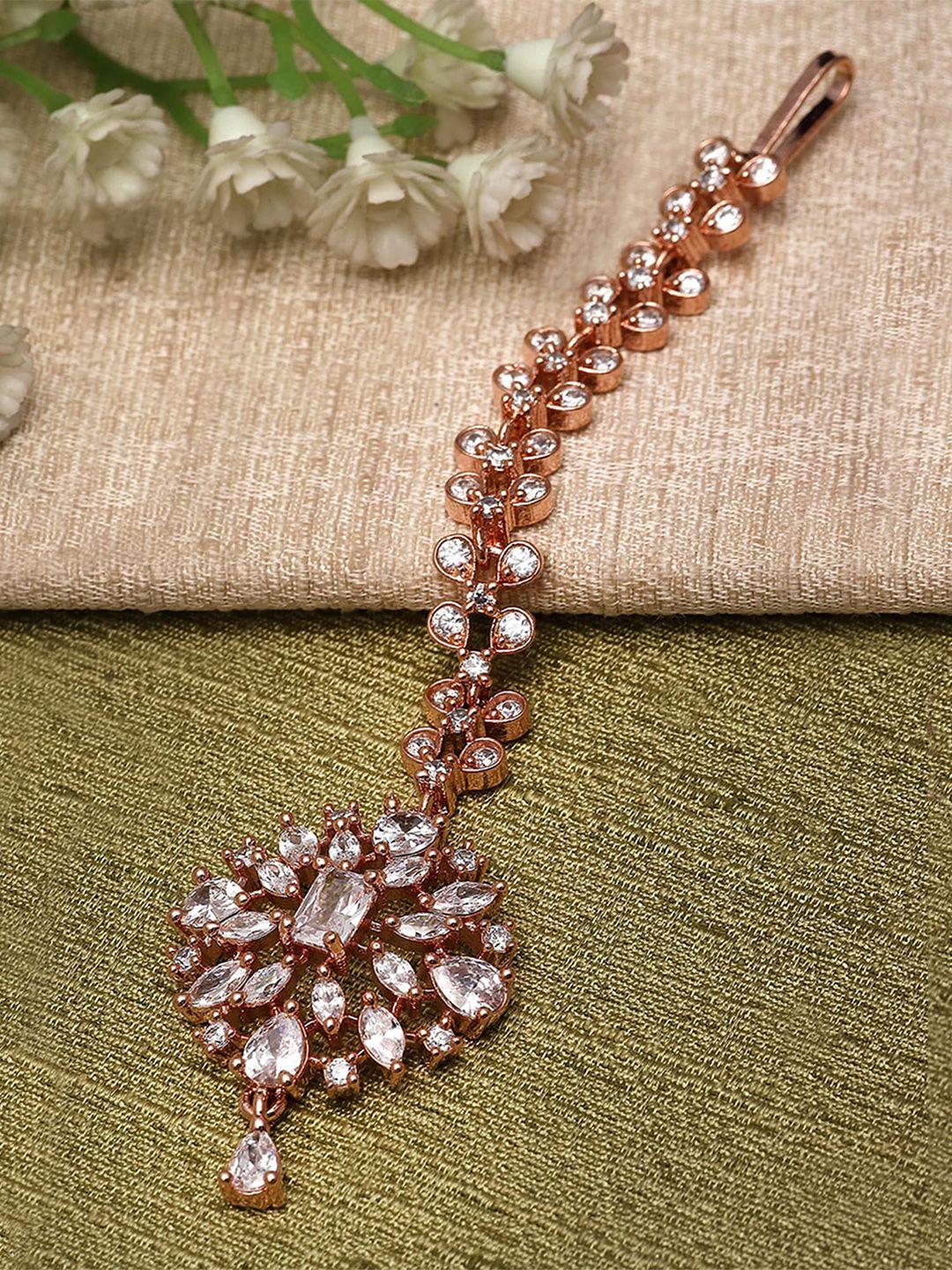 karatcart rose gold-plated american diamond-studded maang tikka