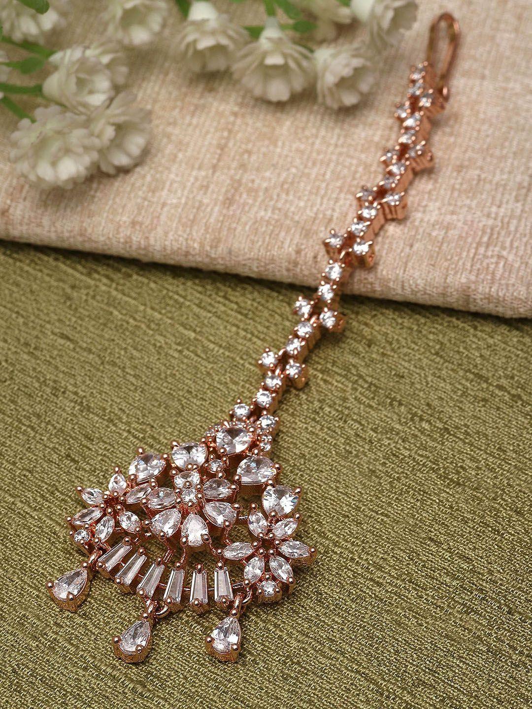 karatcart rose gold-plated american diamond-studded maang tikka